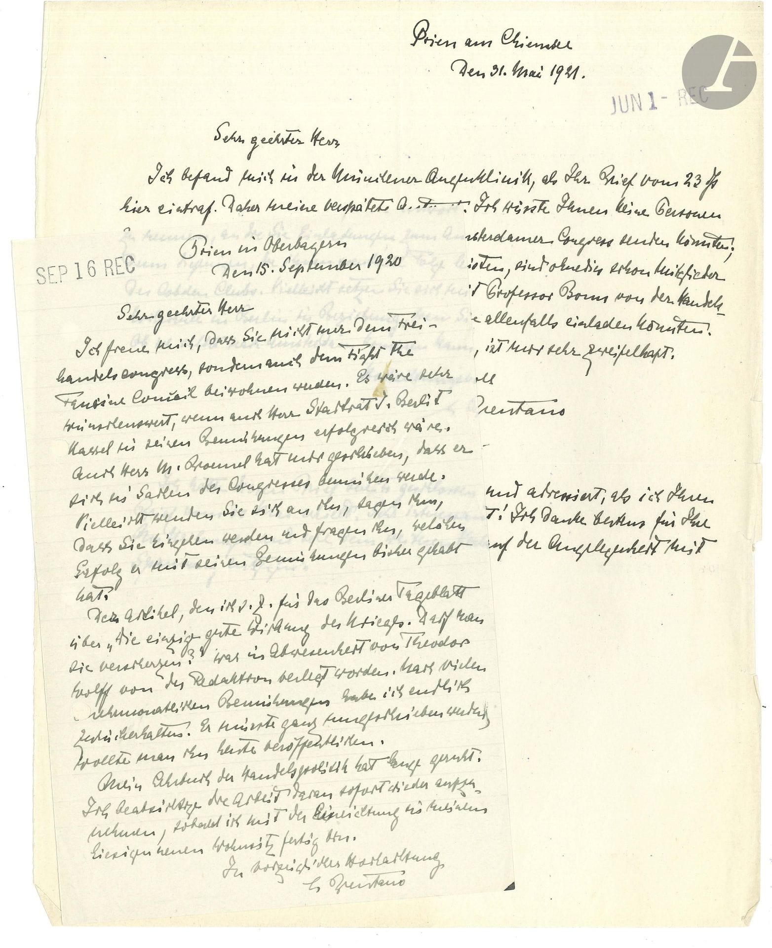 Lujo BRENTANO (1844–1931), German economist and reformer. 5 letters from the author and 3 letters to the author, Munich and Prien, 1919–1922, to Hermann Butzke in Berlin; 11 pages of various sizes, 2 addresses (with hole punches); in German.

Discussion following an article by Brentano in the Berliner Tageblatt concerning free trade and the League of Nations (“Freihandel und Völkerbund”)… On his participation in March 1919 in a League of Nations conference, and the resolution adopted regarding free trade, citing the Cobden Club, Max Warburg… In August 1922, plans to organize an International Free Trade Congress (“Freihandelskongress”) in Germany, with the participation of Yves Guyot, leader of the French free traders…
