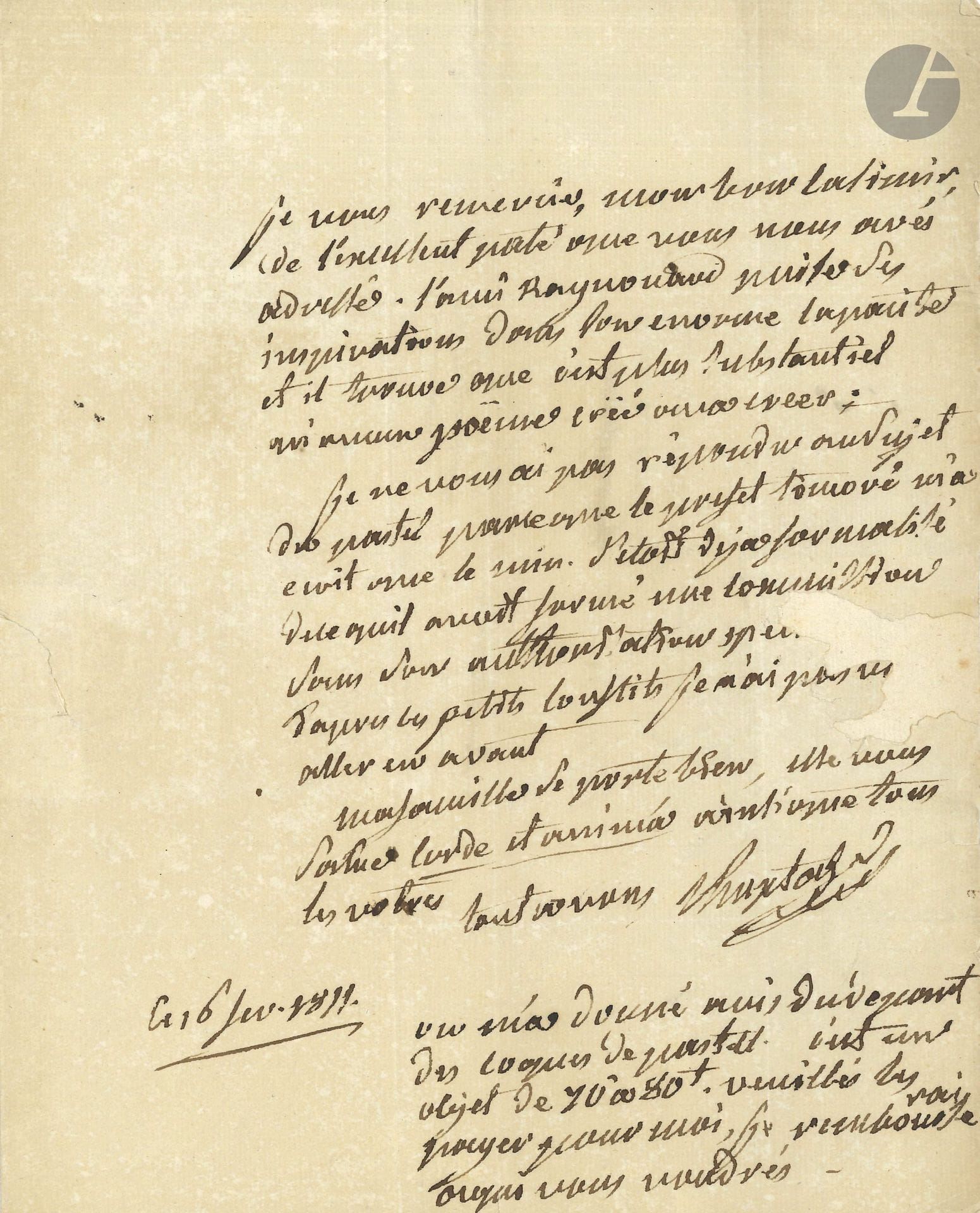 Jean-Antoine CHAPTAL (1756-1822) et Casimir de PUYMAURIN (1757-1841) chimistes. L.A.S. de Chaptal, et manuscrit autographe de Puymaurin; 1page in-4, adresse (petite déchirure réparée avec perte de qqs fins de lignes), et 5pages in-fol.

Au sujet de l’exploitation de pastels à Albi.
16 février 1811. Chaptal remercie son cher Casimir de «l’excellent pâté» qu’il lui a envoyé: «L’ami Raynouard puise des inspirations dans son énorme capacité et il trouve que c’est plus substantiel qu’aucun poëme créé ou à créer». Il ne lui a pas répondu au sujet du pastel, «parce que le préfet timoré m’a écrit que le min. s’étoit déjà formalisé de ce qu’il avoit formé une commission sans son autorisation spé[ciale.] D’après ces petits conflits je n’ai pas [voulu] aller en avant». Il prie Puymaurin de payer l’envoi des «coques de pastel», qu’il lui remboursera.
Notes et observations sur l’etablissement d’Alby pour l’extraction de la fécule de l’indigo du pastel. Minute de lettre de Puymaurin à Chaptal, avec observations en marge d’une autre main. Puymaurin y décrit en détail les différentes opérations pour l’extraction de l’indigo, après le passage à chaud dans plusieurs cuves et suivant des processus chimiques précis… «Les expériences à tenter sur les différents genres de plantes demandent un homme exercé, et Mr Limousin Lamothe me sera de la plus grande utilité pour ces opérations dont on doit recueillir les moindres détails […]. Dans les équipages destinés aux expériences, il sera nécessaire de varier les procédés de la fabrication de l’indigo; on essayera les différentes méthodes de le retirer, soit par macération, dans l’eau froide, dans l’eau chaude, fermentation, le pastel étant réduit en pâte au moulin, à demi séché, les feuilles légèrement écrasées, par le battage avec des baguettes &ca»… Suivent le résultat de ces expériences dans l’art d’extraire l’indigo, la composition chimique des fécules, des observations sur les rendements, etc. Puymaurin indique qu’il a laissé une marge pour que Chaptal puisse inscrire ses «notes et observations».
On joint une circulaire impr. de Chaptal comme ministre de l’Intérieur (3 brumaire XII).