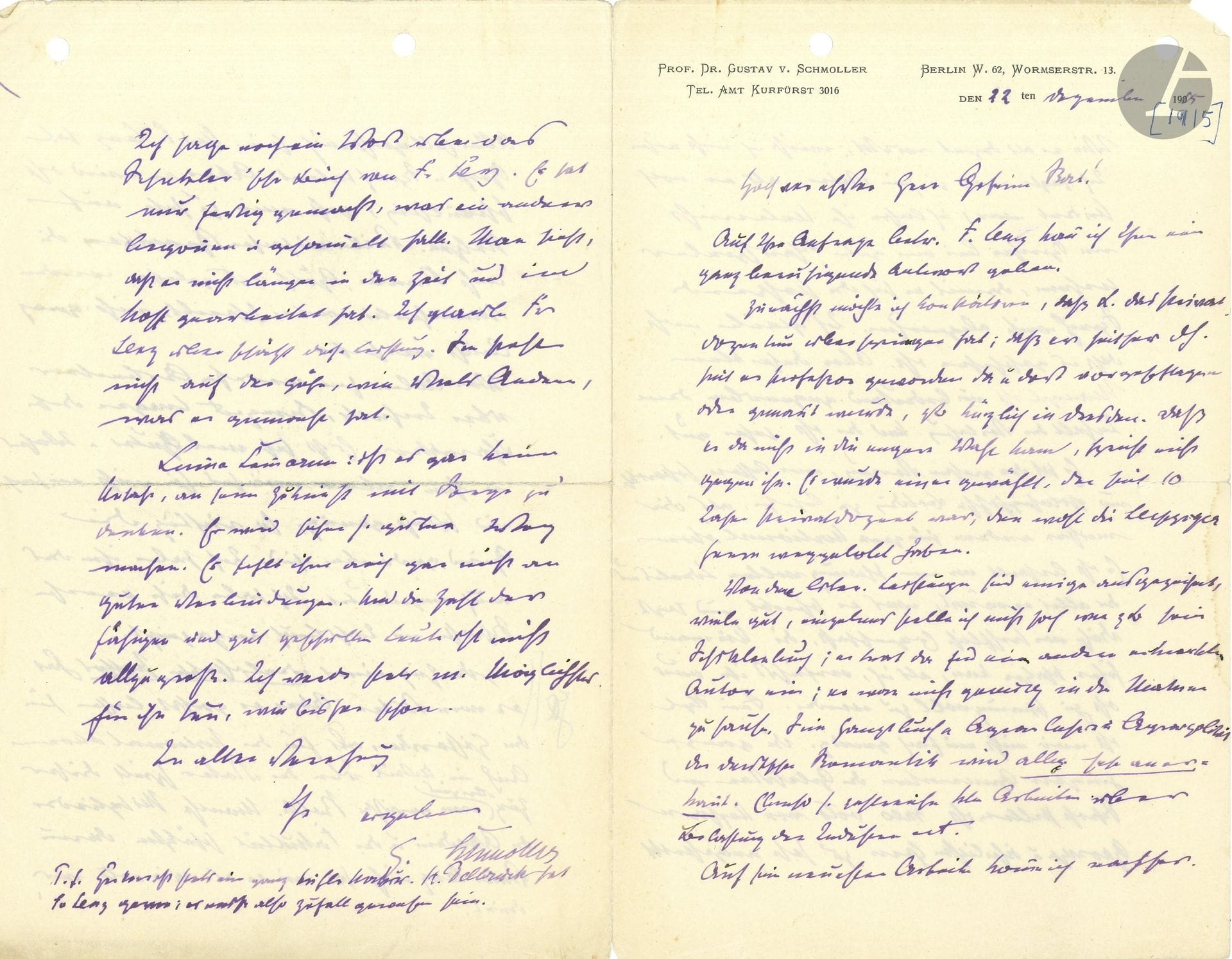 Gustav von SCHMOLLER (1838–1917), German economist. L.A.S., Berlin, December 22, 1915, to a “Geheim Rat” (Privy Councilor); 4 pages, in-8 format, on his letterhead (file holes, slight tears at the fold); in German. 

Regarding the young economist Friedrich Lenz (1885–1968), son of the historian Max Lenz (1850–1932).
He notes that Lenz was never a “Privatdozent” (lecturer); he was appointed as a professor sporadically, here and there, notably in Dresden, where he was not retained, as that university had preferred a Privatdozent who had been there for ten years, recommended by officials in Leipzig… Schmoller knew little about Lenz’s teaching method, and he had advised his father—while Lenz was still a student—to have him take elocution lessons with a good actor in order to correct his irritating way of speaking (““I once said to his father, when he was still a student, that I would have him take speech lessons with a good actor so that he could break the habit of speaking in such a jarring manner”). But this is only a minor flaw compared to the content of his lectures, which are undoubtedly excellent… Lenz inherited from his father a certain kind of idealistic pathos, which suits a historian better than a political economist. This character trait also influenced the judgment passed on Lenz’s father, who did not receive, from certain members of the Academy and the Faculty, the very high esteem he deserved (“He has inherited a streak of idealistic pathos from his father. But it suits the historian better than the political economist. Incidentally, this trait also plays a certain role in the judgment passed on his father. Some members of the Academy and the Faculty therefore did not hold Father Lenz in as high esteem as he, in my opinion, deserved”)…