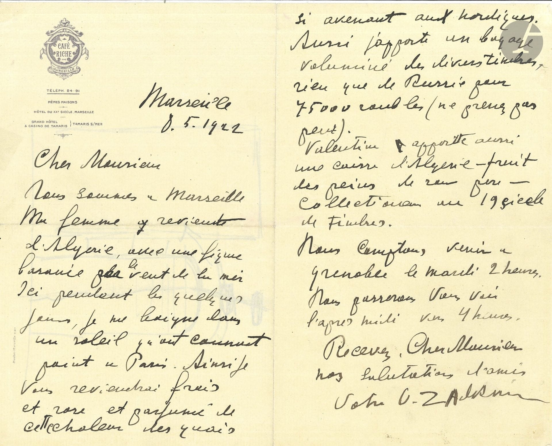 Ossip ZADKINE (1890–1967). Autograph letter, Marseille, May 8, 1922; 2 pages, in-8 format, on Café Riche letterhead.

To a stamp collector in Grenoble, whom he supplies with stamps. He is enjoying a few days in Marseille with his wife, who has just returned from Algeria, “with a tanned complexion […], I am basking in a sunshine unknown in Paris. So I’ll return to you refreshed, rosy-cheeked, and fragrant with the warmth of the quays, so inviting to northerners. I’m also bringing a large collection of various stamps, all from Russia, worth 75,000 rubles. […] Valentine is also bringing a box from Algeria—the fruit of her father’s labor—a 19th-century stamp collector.” He informs him of their stop in Grenoble, where they will visit him on Tuesday afternoon… On the back, a sketch in black pencil.