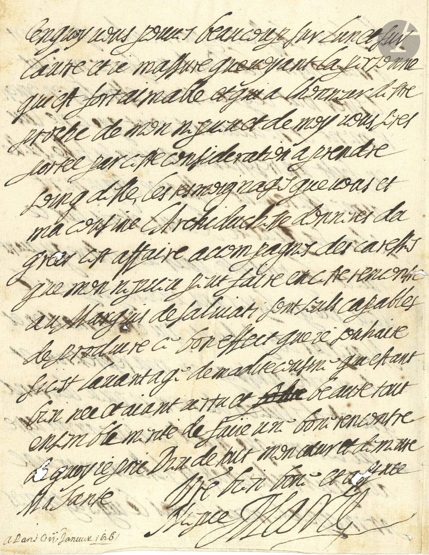 MARIE DE MEDICIS (1573-1642) Reine de France. L.A.S., Paris 2 janvier 1626, à sa tante Marie-Madeleine de Médicis, Grande Duchesse de Toscane; 2pages in-4, adresse avec cachets de cire rouge aux armes sur lacs de soie rose.

En faveur du mariage de la fille de sa cousine la duchesse Sforza avec le marquis de Salviati. [Marie-Madeleine d’Autriche, Grande Duchesse de Toscane, veuve de Cosme II de Médicis, exerçait la régence pendant la minorité de leur fils Ferdinand II.]
«Ma Tante laffection particuliere que je porte a ma cousine la Duchesse Sforce me fait desirer tout ce que jestime estre de son contentement et ne doutant point que ce ne luy en fust une tres grande de voir sa fille quelle aime cherement colloquée dignement selon sa qualité je vous escris sur ce sujet la presente pour vous dire qu’aiant sceu que quelques uns avoient proposé le Marquis de Salviati qui est de maison et de merite ainsy qu’on ma representé et qui est des sujets de mon neveu le grand Duc jestime que ma dite cousine auroit agreable quil recherchast sa fille en mariage principalement si vous le jugez apropos en quoy vous pouvez beaucoup sur lun et sur lautre et je massure que voyant la personne qui est fort aimable et qui a lhonneur destre proche de mon nepveu et de moy vous serez portee par cette consideration a prendre soing delle, les tesmoignages que vous et ma cousine l’Archiduchesse donneres dagreer cest affaire accompagnes des caresses que mon nepveu peut faire en ceste rencontre au Marquis de Salviati sont seuls capables de produire ce bon effect que je souhaite si cest lavantage de madite cousine qui estant bien nee et aiant vertu et beaute tout ensemble merite de faire une bone recontre»…
