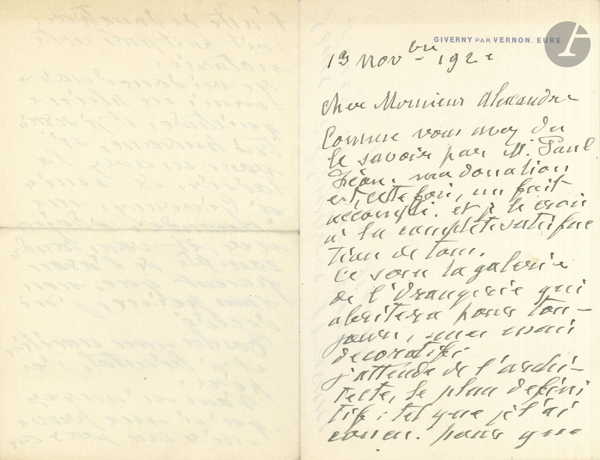 Claude MONET. L.A.S., Giverny 13 novembre 1922, à Arsène Alexandre; 2pages et quart in-8 à en-tête Giverny par Vernon Eure, à l’encre noire.

Sur la donation à l’État des Nymphéas.
«Comme vous avez dû le savoir par Mr Paul Léon, ma donation est, cette fois, un fait accompli, et je le crois à la complète satisfaction de tous. Ce sera la galerie de l’Orangerie qui abritera pour toujours mes essais décoratifs. J’attends de l’architecte, le plan définitif, tel que je l’ai conçu, pour que l’acte de donation soit fait par acte notarié. Je vis donc désormais en pleine quiétude, et je serais très heureux, si vous en avez le loisir, de venir à Giverny me demander à déjeuner, et vous rendre compte de l’arrangement que, non sans peine, j’ai décidé»…