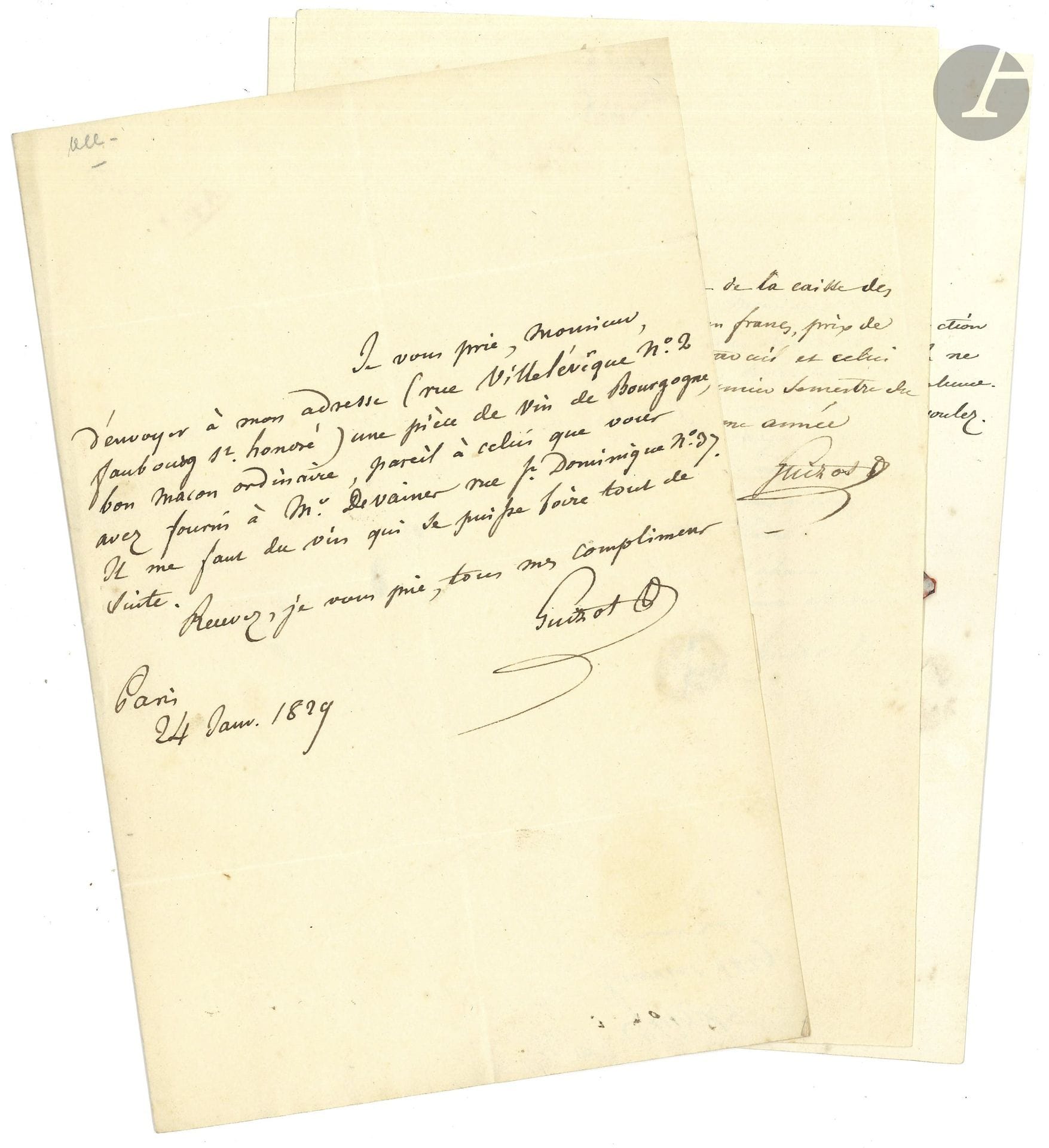 François GUIZOT (1787-1874). 9 L.A.S., 1818-1846; 1page ou demi-page in-8 chaque, adresses.

Il a reçu 1021F de la caisse des Archives pour son travail et celui de Mme Guizot (17 mai 1818). Il recommande son libraire Brière à Casimir Périer (26 avril 1827). Envoi au libraire Cotelle du 1er volume de la traduction de l’histoire d’Allemagne (1829). Commande d’une pièce de vin de Bourgogne (24 janvier 1829). Comptes avec ses libraires Pichon et Didier (1838 et s.d.)… Etc.
On joint 2 la.s. de 1892 par Léon Gautier, et Octave Gréard.