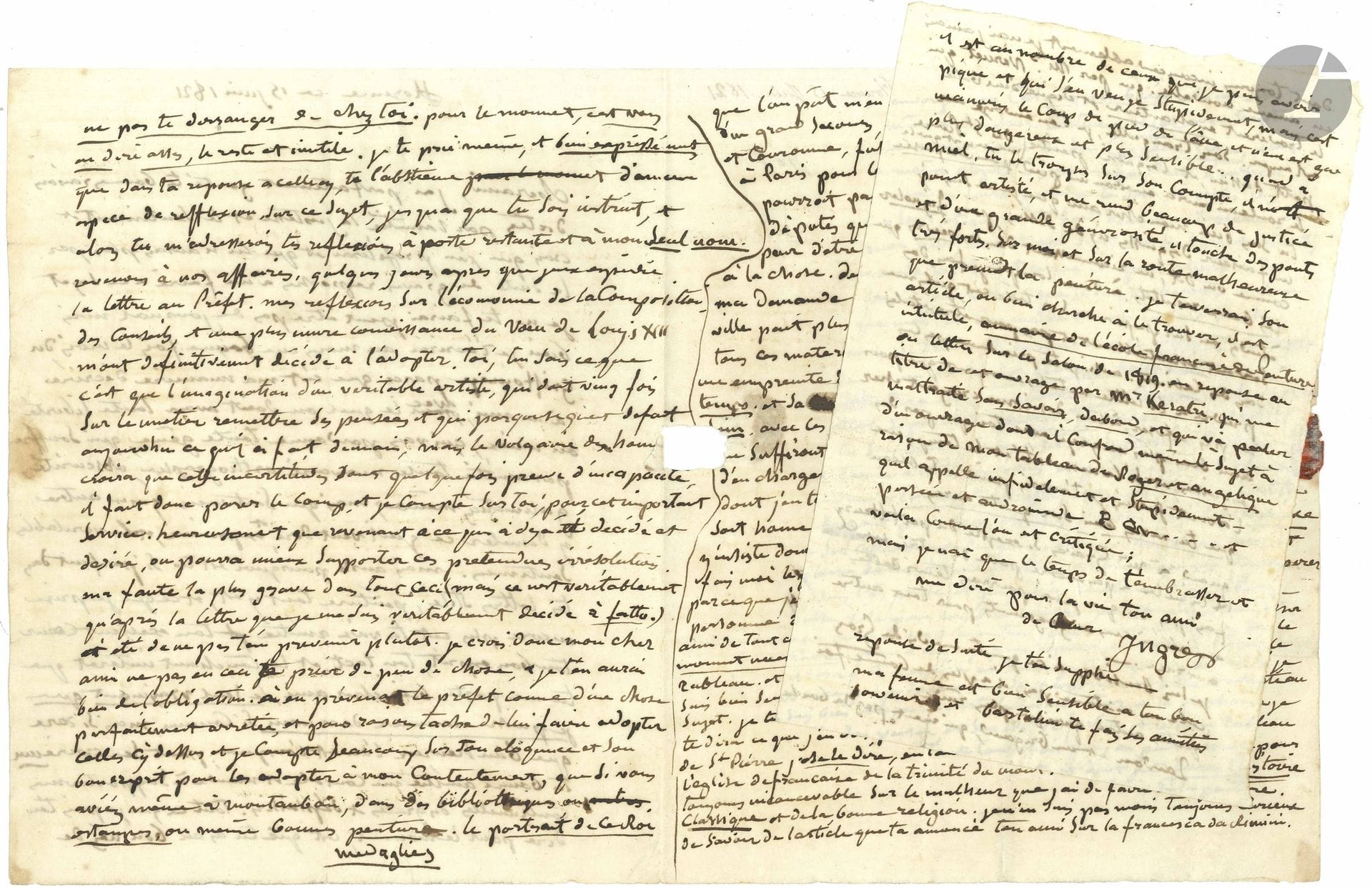 Jean-Dominique INGRES (1780–1867). Autograph letter, Florence, June 15, 1821, to Jean-François Gilibert Jr., attorney in Montauban; 3 pages in-4 and 2 pages in-8, envelope with postmarks (small tear caused by a broken postmark).

A long letter from Florence to his childhood friend Jean-François Gilibert (1783–1850), regarding his painting *The Vow of Louis XIII*.
She promises to write at least once a month, “just a few scribbles, because that’s my way of writing to a friend—with whom one should have complete freedom, or better yet, who forgives any awkwardness, who, out of friendship, tolerates all spelling mistakes, obscurity, even gibberish—but who knows better than anyone else how to untangle what I mean to say and express, and my true feelings.” Gilibert knows that he is the “dearest friend, the only one I can truly call by that name so common, yet so rare”…
Then he turns to the commission (for the cathedral in Montauban) of his painting *The Vow of Louis XIII*: “My reflections on the composition’s structure, some advice, and a deeper understanding of *The Vow of Louis XIII* have finally convinced me to adopt it. You know what the imagination of a true artist is like—one who must revise his ideas twenty times over and who, consequently, undoes today what he has done tomorrow”… After his hesitations, Ingres asks Gilibert to inform the prefect that the matter is “definitely settled […] if you happen to have in Montauban, in libraries, prints, or even good paintings, medals, or a portrait of this King—if you could send me shaded tracings of them, that would be of great help to me; even just his royal costume with scepter and crown, even if they were those of his Glorious Father. […] All these materials can surely be found in the Royal Library. An image of the king in profile on some beautiful, large medal of the time, and his figure in full regalia, drawn or traced with care, with the separate details of the fleurs-de-lis, crown, and scepter, will suffice for me.” We should be able to find an artist in Paris who can do this with care; “I am in a great hurry.” He will write to the minister “as soon as necessary […] let’s paint the picture, and it will be completed and exhibited at the Salon—I guarantee it—especially if my request is granted; its proportions are beautiful and suited to the subject.”
He then mentions an article in *Le Moniteur* and his *Jesus Giving the Keys to Saint Peter*, “the beautiful painting of St. Peter—I dare say, with full conviction, that I painted it in Rome for the French church of the Trinité du Mont, and of which I will tell you the still-inconceivable story of the misfortune I have in painting classical art and depicting the Catholic faith.” Then there is his painting of Francesca da Rimini, about which he has heard nothing except from the Vernets, “who found it enchanting and worthy of a fine print”; he sends a small drawing of it to Gilibert, along with “the painted sketch of St. Peter,” noting that “it is only a first idea.” You know very well, my dear friend, that I am neither a maker of sketches nor of drawings for ‘finishing touches,’ as they say—recognizing in works only the beautiful results—and so when I make studies, whether on paper or on canvas, it is because they serve me primarily and not to be displayed in private collections. […] If necessity and time had allowed, I would have painted a picture for you—which you will, of course, receive.”
He concludes with a few assessments of painters: Gros, who “has more sincerity than the others, though he is rougher”; Landon, “a scoundrel” and a liar; Miel, who “is no artist, yet does me great justice and shows great generosity; he hits upon some very strong points regarding me and the unfortunate path that painting is taking”…