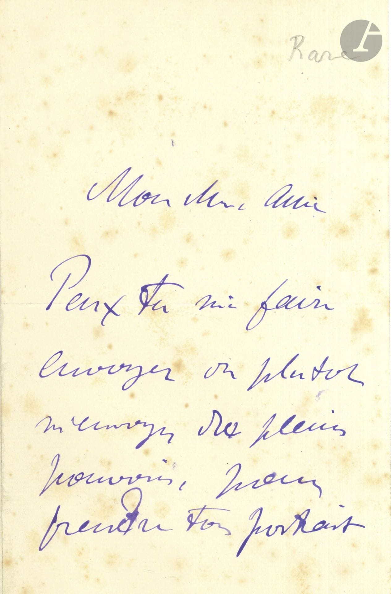 Henri de TOULOUSE-LAUTREC (1864–1901). Autograph letter, [1898?], to a “dear friend”; 2 pages, in-8 (slightly foxed).

“Can you have full authorization sent to me—or rather, send it directly—so that I may paint your portrait? I will have it displayed among distinguished works at Chevalier Manzi’s [Goupil Gallery]. In the hope of enjoying your prose, I shake both your hands”…