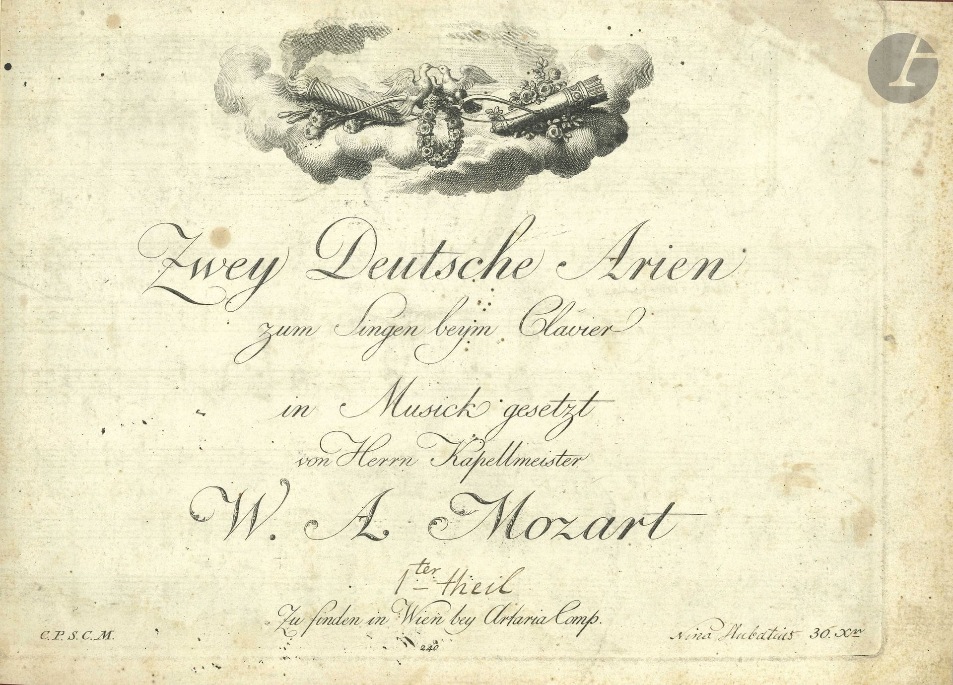 Wolfgang Amadeus MOZART (1756–1791). Two German Arias to Be Sung at the Keyboard, Set to Music by Mr. Kapellmeister W.A. Mozart, “Part 1” (ms): Abend-Empfindung [KV 523] (Vienna, Artaria, [1789]); oblong folio, 11 pages, in a red chagrin-patterned percaline cardboard binding.

Very rare first edition, 2nd printing (with price corrected by hand from 30 to 36 xr). Engraved title and music; title illustrated with a lovely vignette. Cotage 240. Haberkamp (pp. 289–290) lists only 4 copies. Ex libris signature “Nina Hubatius.”
