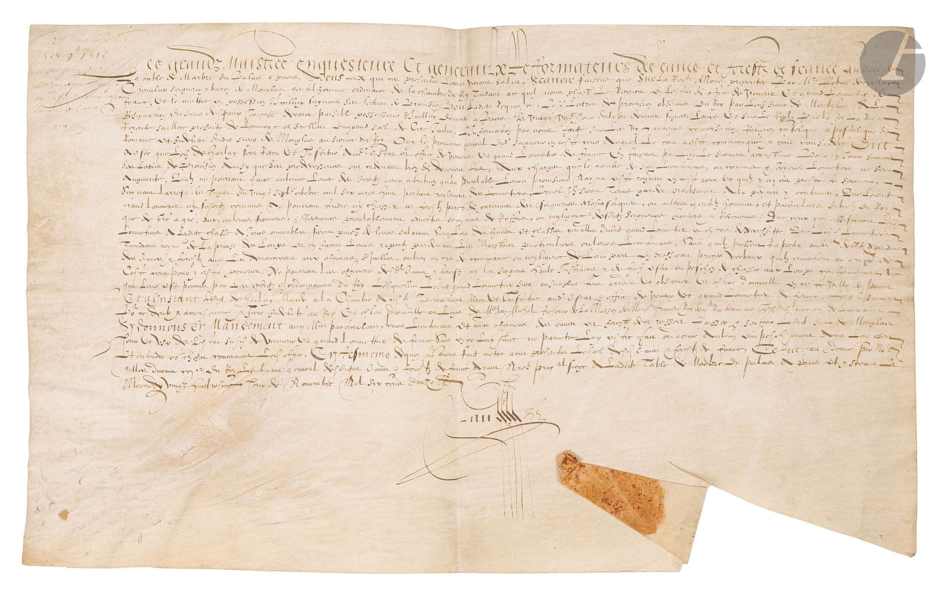 LOUVETERIE. P.S. by Lau, Paris, November 28, 1612; parchment, in-plano, trace of a seal on the tab.

Certificate of appointment of Robert de Harlay, Lord of Monglas, as Grand Houndmaster of France; he died as a result of his duel with his close friend Nicolas de L’Hospital, Lord of Vitry, in 1615.