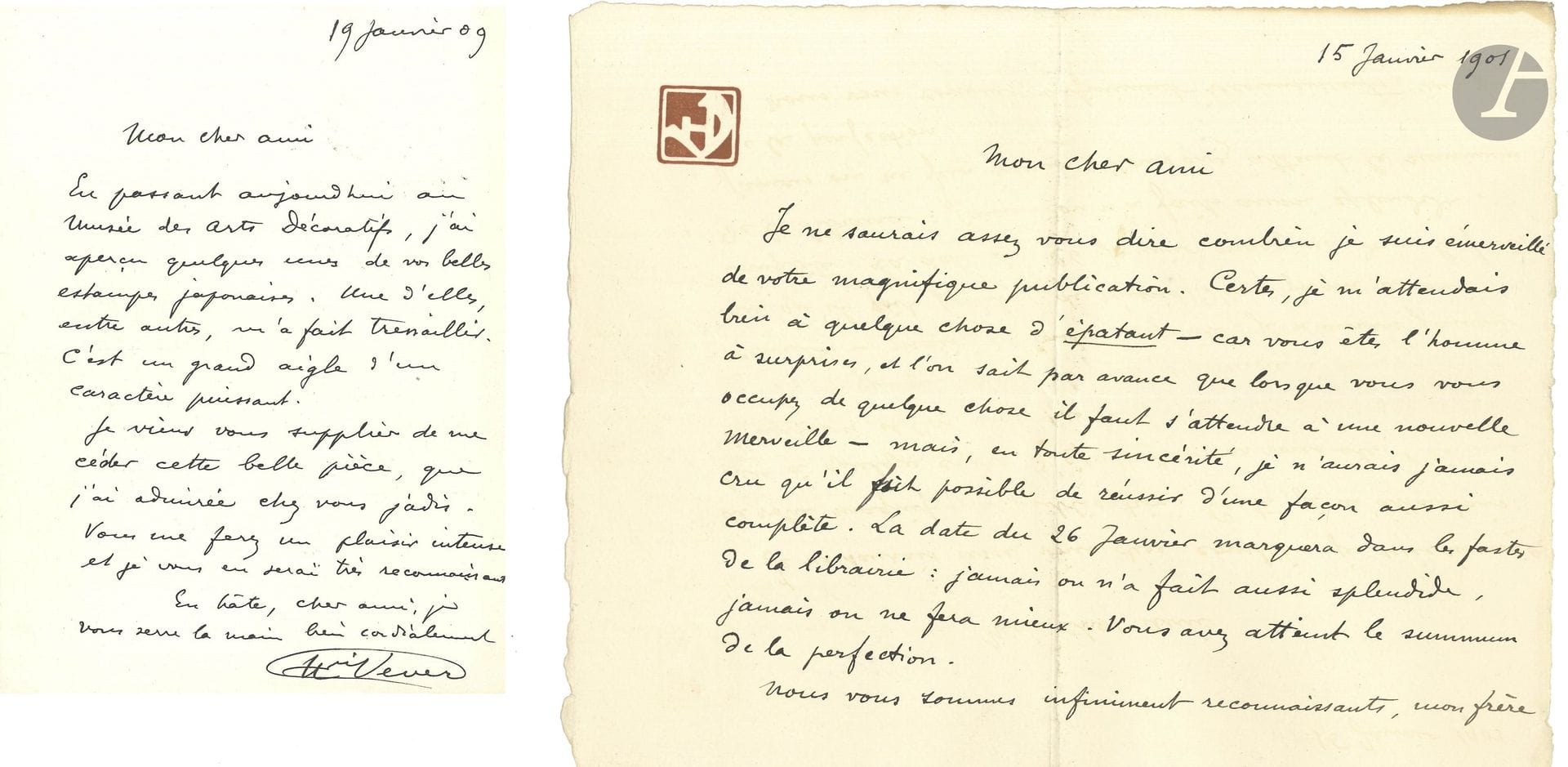 Henri VEVER (1854-1942), joaillier et collectionneur. P.A.S. et 4 L.A.S., Paris 1896-1920, la plupart à l’éditeur et marchand d’art Michel Manzi; 8pages formats divers.

Sur l’art japonais. 7 février 1896. Reçu pour la vente à Manzi de trois tableaux de Degas pour le prix de 21.000 francs. – 15 janvier 1901, remerciant pour une «magnifique publication» [premier numéro de la revue Les Modes], avec des reproductions de ses bijoux: «jamais on n’a fait aussi splendide, jamais on ne fera mieux. Vous avez atteint le summum de la perfection»… – 19 janvier 1909. Il a vu au Musée des Arts Décoratifs «quelques-unes de vos belles estampes japonaises. Une d’elles, entre autres, m’a fait tressaillir. C’est un grand aigle d’un caractère puissant. Je viens vous supplier de me céder cette belle pièce, que j’ai admirée chez vous jadis. Vous me ferez un plaisir intense»… – Télégramme regrettant de ne pouvoir dîner, et demandant de lui envoyer «le Hiroshige destiné à mon frère et le Sharakou 2 têtes».
18 février 1920, à Mme Manzi, la remerciant de l’envoi d’un souvenir de son cher mari: «cette gravure, où les traits d’un de nos amis sont si spirituellement représentés, et avec tant de malicieuse ressemblance, me rappellera à la fois l’artiste qui l’a gravée et le modèle qui, jadis, égayait de ses réparties à l’emporte-pièce nos petits dîners de collectionneurs et de japonisants»; elle sera en bonne place dans son cabinet de travail.