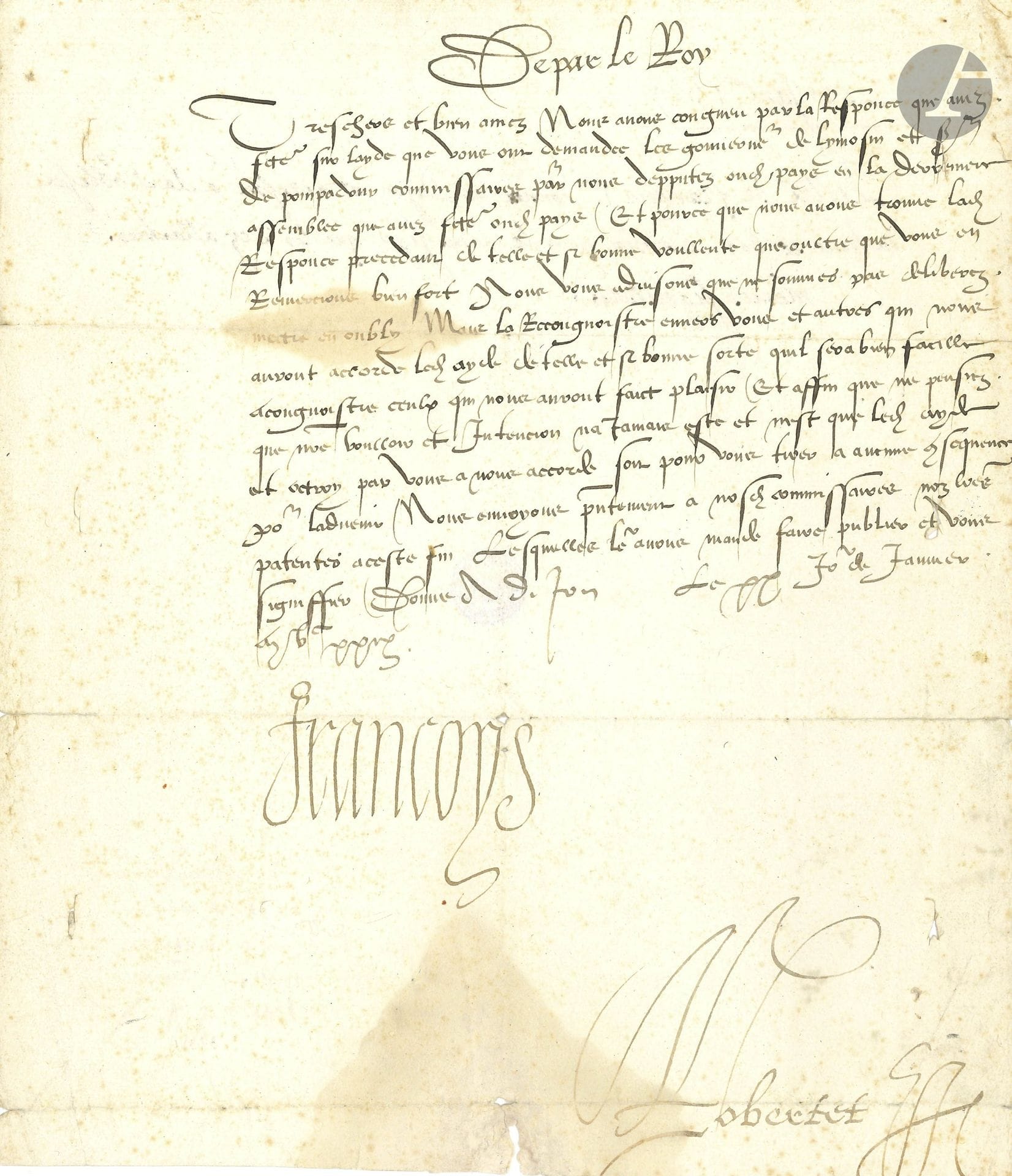 FRANÇOIS Ier (1494-1547). L.S., Dijon 20 janvier 1529, aux «gentilzhommes et autres ayans fiefz […] es pays de Lymosin»; contresignée par Florimond Robertet; 1page in-4, adresse au dos (petite fente au pli et lég. mouillure).

Il témoigne sa satisfaction de leur réponse «sur layde que vous ont demandee les gouverneur de Lymosin et seigneur de Pompadour commissaires par nous depputez aud. pays lors de la dernière assemblée», et les assure que «nostre voulloir et intencion na jamais este et nest que led. ayde et octroy par vous a nous accorde soit pour vous tirer a aucune consequence pour ladvenir»…