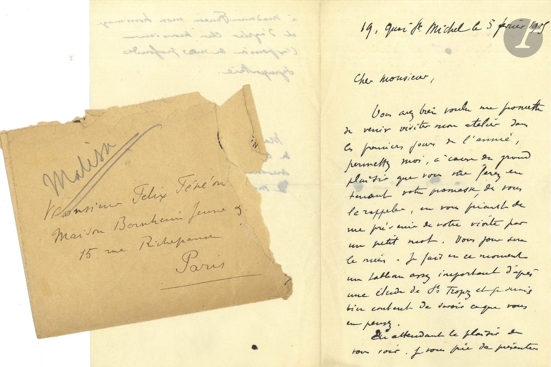 Henri MATISSE (1869-1954). L.A.S., [Paris] «19, Quai St Michel», 5 février 1905, à Félix Fénéon, chez Bernheim jeune; 1page et demie in-8, enveloppe.

Il le prie de tenir sa promesse «de venir visiter mon atelier dans les premiers jours de l’année […] je fais en ce moment un tableau assez important d’après une étude de St Tropez et je serais bien content de savoir ce que vous en pensez»…