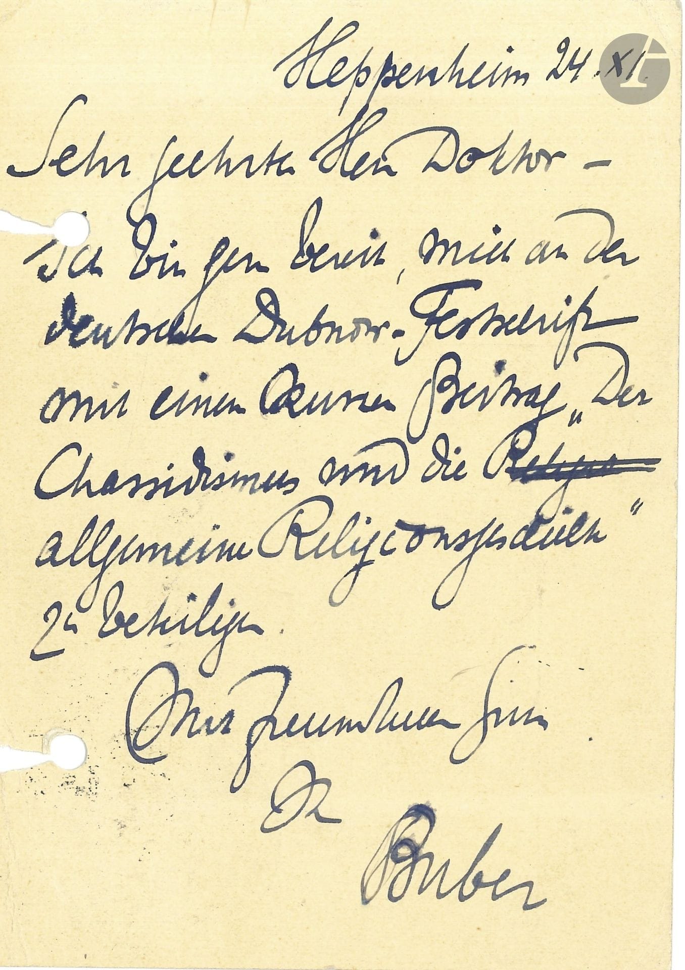 Marin BUBER (1878-1965). L.A.S., Heppenheim 24.XI [1929], à Mark Wischnitzer à Berlin-Wilmersdorf; 1page in-12, adresse et timbre au dos (Postkarte; trous de classeur); en allemand.

Il accepte de participer au «Dubnow-Festschrift» par une courte contribution: Der Chassidismus und die allgemeine Religionsgeschichte.