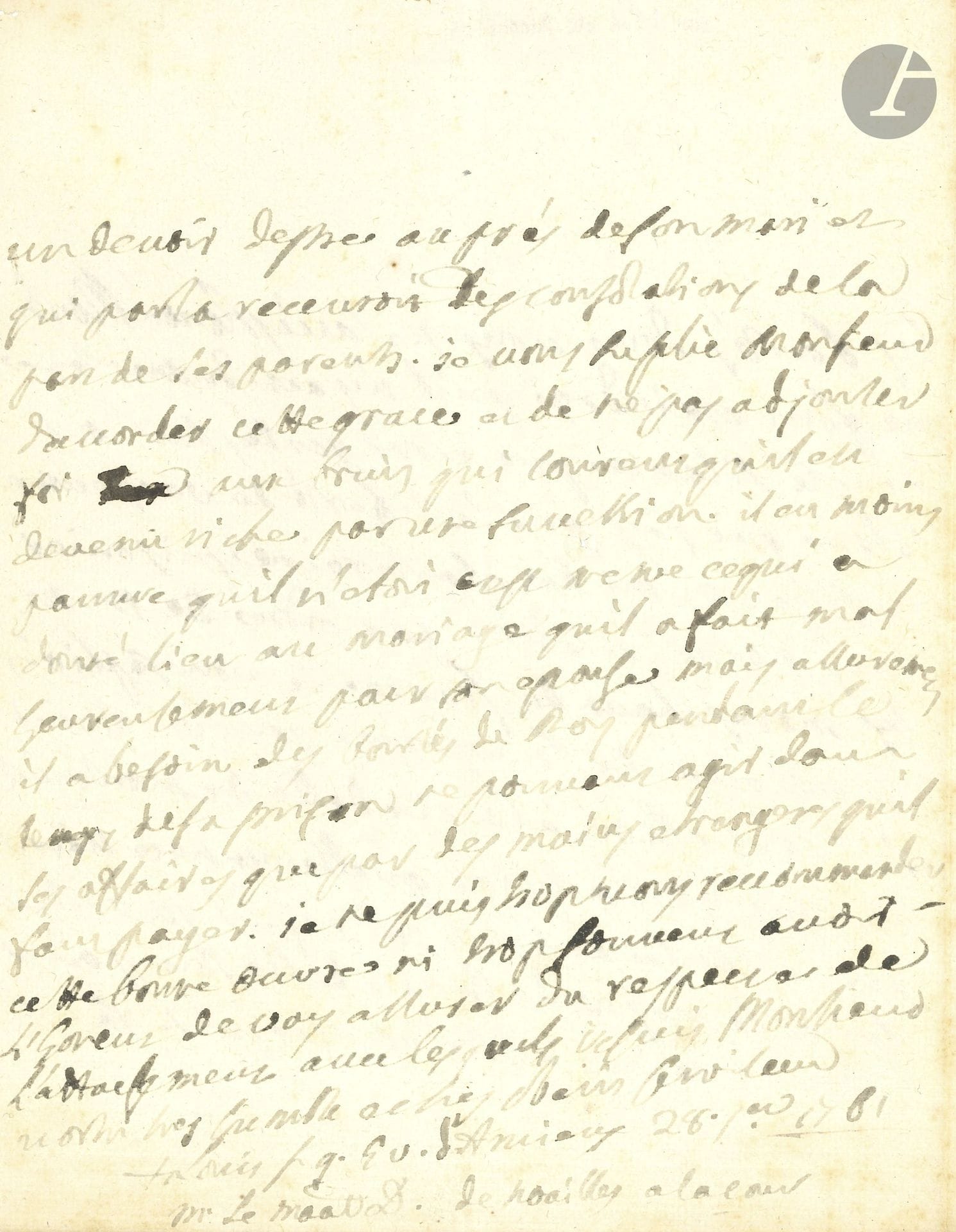 Louis-François d’ORLÉANS DE LA MOTTE (1683-1774) évêque d’Amiens. L.A.S., Amiens 25 janvier 1761, au maréchal de Noailles; 2pages in-4.

Il demande la translation de «M. de Chantereine, prisonier dans notre citadelle par ordre de MM. les mareschaux de France», à la citadelle de Montreuil, devenue «necessaire soit a cause de l’antipatie quil y a entre lui et le major de la citadelle soit pour adoucir le sort de son epouse qui se fait un devoir destre aupré de son mari et qui par la recevroit les consolations de la part de ses parents»…
