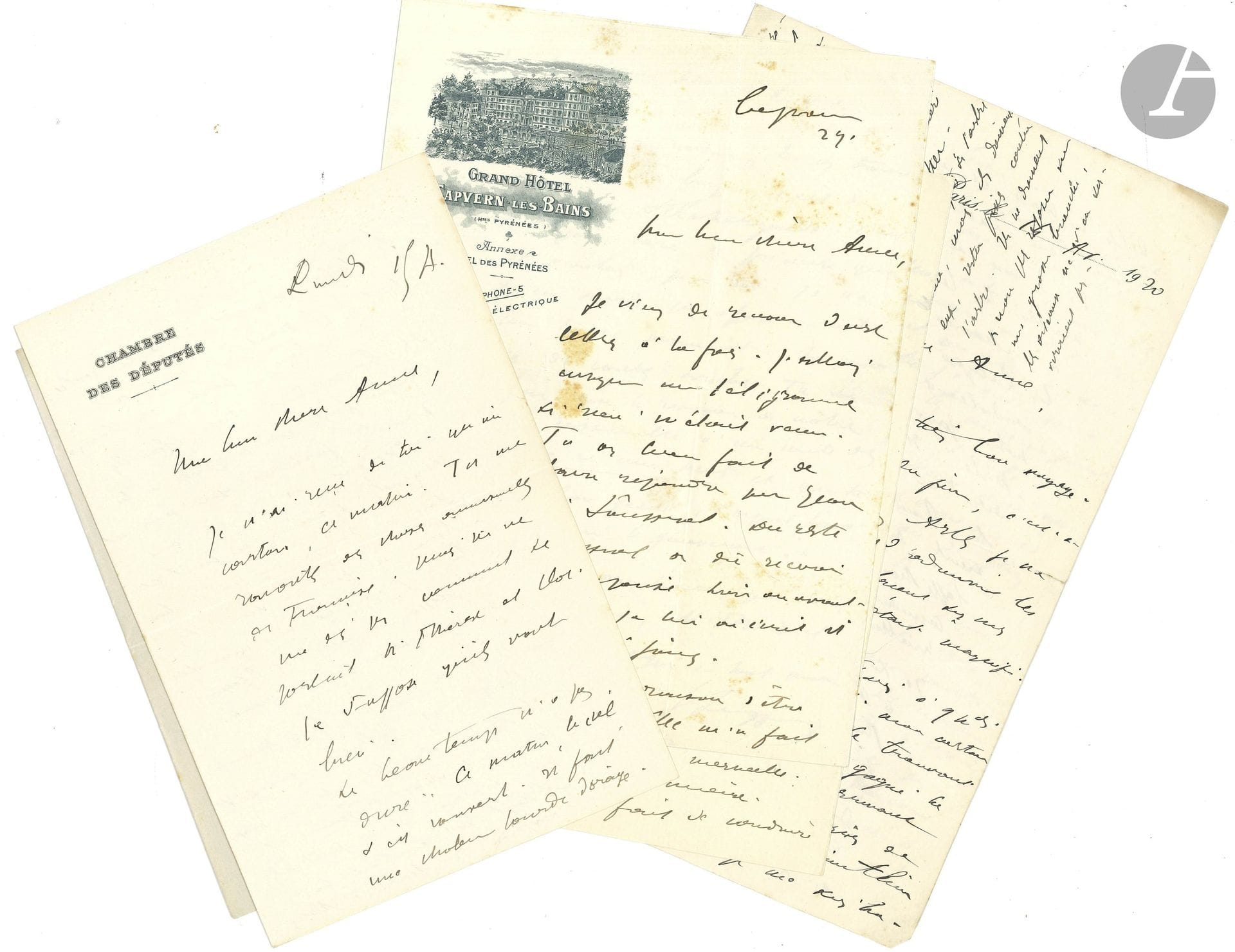 Georges LEYGUES (1857–1933), politician and minister. 9 letters from the author, 1918–1924 and undated, to his wife Anne; 31 pages in various formats, with letterhead from the Chamber of Deputies (4), the Ministry of the Navy, and the Grand Hôtel de Capvern-les-Bains (3).

Leygues informs his wife [née Marie-Anne Desclaux (1857–1951)] of events during World War I in a very interesting 6-page letter dated June 12, 1918. “Our troops counterattacked yesterday along a 12-kilometer front […]. This is a highly significant victory. It enabled us to drive Von Hutier’s soldiers out of the plain they had managed to reach. […] The Germans are showing signs of hesitation and disarray. They have called upon divisions from the Bavarian Crown Prince’s Army to fill the enormous gaps that our machine guns and artillery have torn in their ranks. […] While we are halting their advance, the Americans are arriving in droves. There are nearly 800,000 of them in France. In two months, there will be 1,200,000. The outcome of the war will be decided”… He also alludes to the disciplinary measures taken by Clemenceau following the Battle of the Chemin des Dames: “Clemenceau has taken disciplinary measures. I pushed with all my might for action against the generals who lacked foresight or energy in the Chemin des Dames affair. Major General Anthoine of the General Headquarters was relieved of his duties. General Duchêne was demoted. Generals de Maud’huy, Corvisart, and Chrétien were suspended. I would have gone further with Duchêne”… The rest of the correspondence is more personal. Leygues mentions his family, his health, his search for an apartment, and a ring he recently gave his wife: “It is a rare and precious piece of jewelry that I wanted for you. […] You know full well that the story of our life is like a tale from *One Thousand and One Nights*”…
Enclosed is a collection of 20 letters (+ 2 telegrams) addressed to Georges Leygues. Marie Frédéric Mistral (regarding the monument in honor of Mistral). – Pol Neveux, 6 long letters (+ 2 telegrams) to his “dear boss and friend,” a lovely, friendly exchange. – Alexandre Millerand, a handwritten note following his defeat in the January 1927 Senate elections. – Louis Barthou, a letter as Minister of Justice (1929), regarding the former prison in Villeneuve-sur-Lot. – Martial Sicard (3 letters, 1913–1917). – Georges Tholin (1912, on the history of Villeneuve-sur-Lot). – Charles Cottet. – Jean Pelissier (a long letter requesting Leygues’ support for a pro-French propaganda project in the Balkans, 1915). – Lucien-Victor Guirand de Scévola (on his watercolor exhibition). Etc.