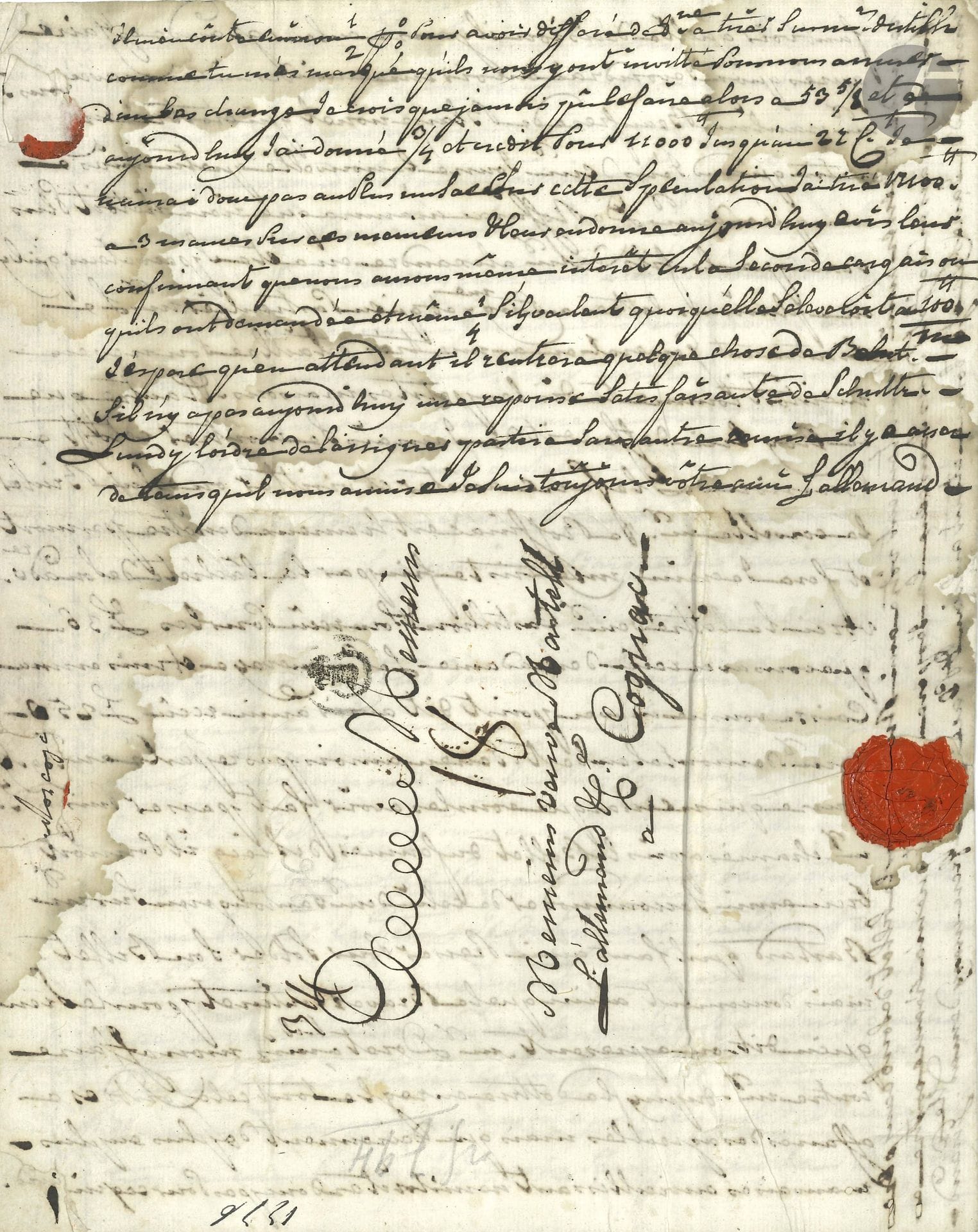 COGNAC. Famille MARTELL. 2 L.A.S de Louis-Gabriel LALLEMAND, Bordeaux 15 juin 1776 et 9 octobre 1779, à «Messieurs Veuve Martell Lallemand & C°» (ses neveux Jean et Frédéric Martell) à Cognac; 9pages in-4, adresses, une avec sceau de cire rouge (lég. mouill.).

Louis-Gabriel Lallemand était l’associé et beau-frère de Jean Martell (1694-1753), fondateur de la fameuse maison de négoce de Cognac.
15 juin 1776: «la continuité du mauvais tems toujours pluvieux et frais pour la saison conséquemment contraire à la fleur de la vigne, on ne doit pas tarder à connoitre ce qui en est car nous avançons et tenons bientôt la St Jean. Malgré cela il se trouve toujours des vendeurs d’eau de vie à 130 mais aussi des achetteurs»... Il parle des tonneliers de Mortagne, dont il ne connait pas encore bien le savoir-faire... «Envoyez toujours par première barque de St Savinien ou Rochefort un rabot emmanché à l’angloise avec le fût pour rabotter le fond dessus, une douzaine de mèches»…