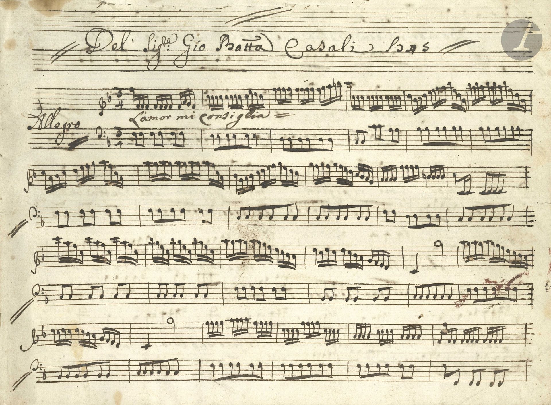Giovanni Battista CASALI (1715–1792). Musical manuscript, *L’amor mi consiglia*, 1745; oblong in-4 notebook of 7 pages (small cut in the upper margin of the first folio).

Aria on 10-line Italian-style paper, inscribed at the top “Del Sigre Gio Batta Casali 1745.” An Allegro introduction in 3/4 time on two staves precedes the aria (melody and lyrics) with accompaniment on one staff: “L’amor mi consiglia sue larti il martire”..., interspersed with ritornellos on two staves.
Casali, a prolific Roman composer, composed about ten operas, a dozen oratorios, some twenty masses, and numerous other sacred works; and counted Grétry among his students. We have been unable to identify this aria, another copy of which is held at the British Library (Add Ms 31623).