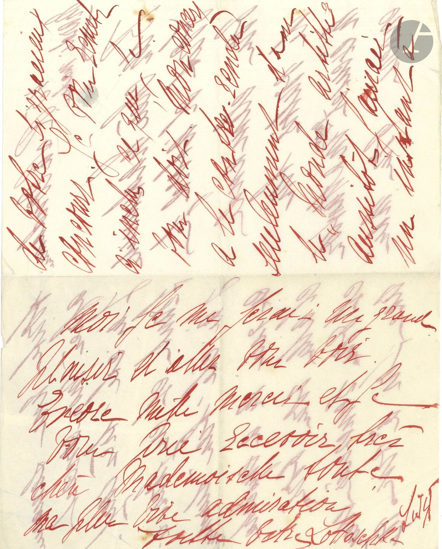 Lotte LISZT, petite-nièce (?) de Franz Liszt, cantatrice. L.A.S. «Lottoschke Liszt», Paris Mardi matin [27 mars 1906], à une demoiselle; 4pages in-8 à l’encre rouge.

Après son concert du 25 mars 1906 à la salle Érard. Souffrante, elle n’a pu aller voir sa correspondante, qu’elle remercie de son «si gracieux concours» pour le concert; elle lui envoie son cachet. «Mon concert a le contre-rendu seulement dans le Monde artiste»… [Deux demoiselles participaient au concert: la violoncelliste Germaine Pelletier et la harpiste Henriette Renié.]