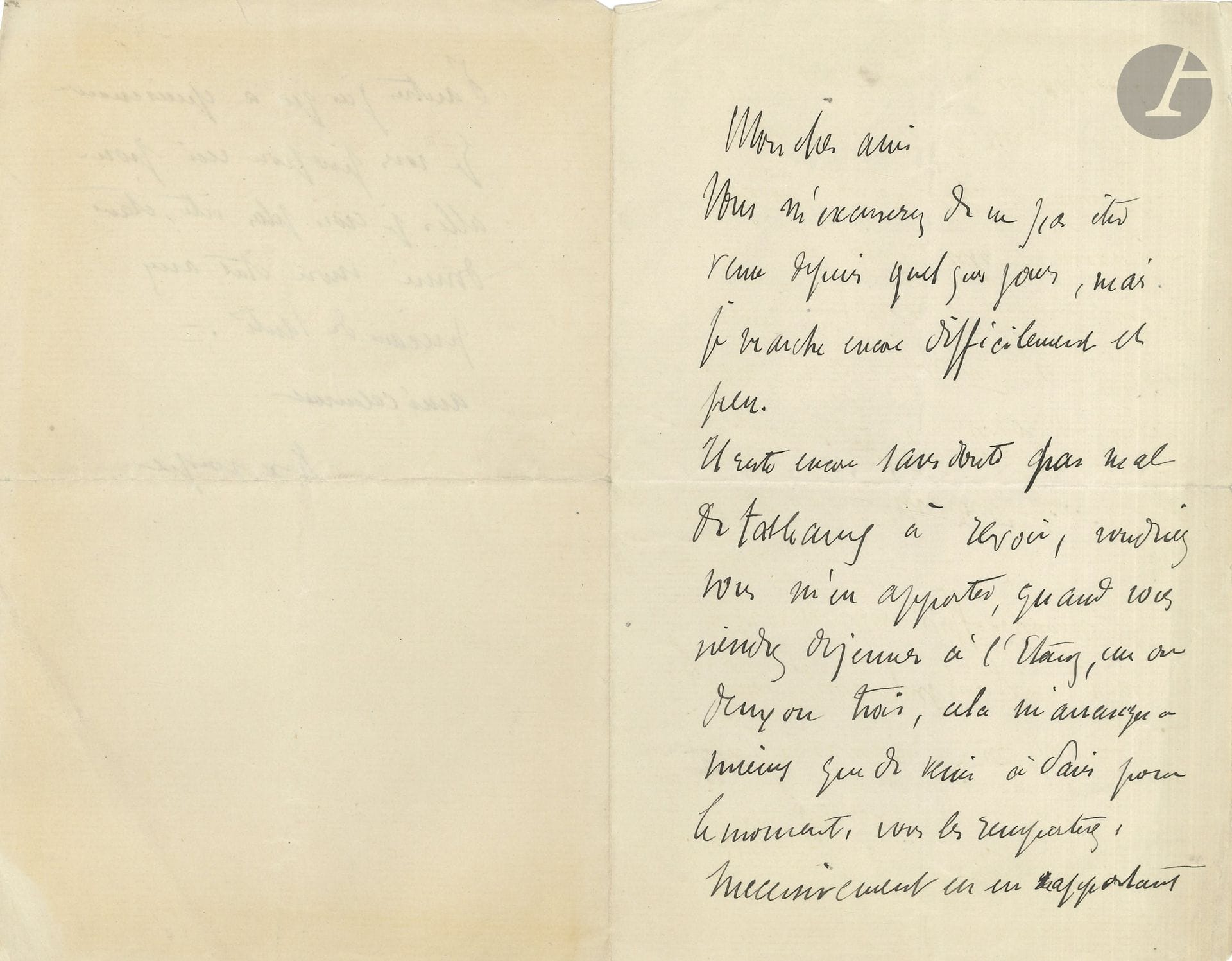 Ker Xavier ROUSSEL (1867-1944). L.A.S. à un ami [Ambroise Vollard?]; 1page et demie in-8.

Il n’est pas venu le voir, marchant «encore difficilement et peu. Il reste encore sans doute pas mal de tableaux à revoir, voudriez-vous m’en apporter, quand vous viendrez déjeuner à l’Étang [la Ville], un ou deux ou trois, cela m’arrangera mieux que de venir à Paris pour le moment, vous les rapporterez nécessairement en en rapportant d’autres jusqu’à épuisement»…
On joint une l.a.s. d’Amédée Schuffenecker à Raymond Michel, 14 avril 1927, concernant Michel Ange Bernard; et 6 listes de tableaux ou estampes avec prix (Picasso, Cézanne, Chagall, Dufy, etc.