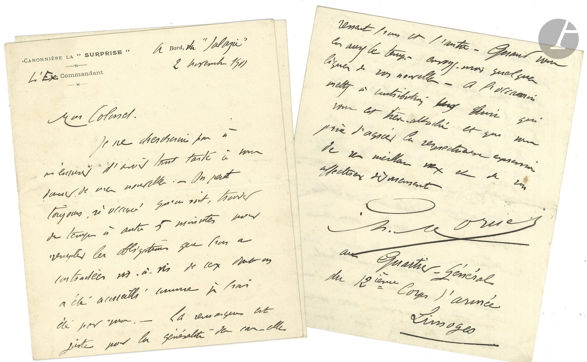 Charles MORNET (1863-1942) marin et explorateur. L.A.S., à bord du Salazie 2 novembre 1901, à un ami colonel; 12pages in-12, en-tête de la Canonnière “La Surprise” L’Ex Commandant. 

Au moment de son départ de Chine, après qu’Émile Hourst a été choisi à sa place pour mener la grande expédition dans le haut Yang-tsé-kiang, et remonter le Fleuve Bleu jusqu’à Chongqing sur 3200 km... «Vous souvenez-vous aussi de nos conversations sur le Yang-Tsé? Tout était alors projet qui est devenu réalité puisque, d’après les nouvelles qui m’ont été communiquées au moment même de mon départ de Shanghaï, l’ami Hourst aurait avec succès franchi les rapides». Il raconte la manière dont il s’était proposé, sans succès, «pour la mise en œuvre de cette mission […]. J’avais pensé qu’il se pourrait que je fusse désigné et j’en avais avisé ma famille qui avait accepté le sacrifice»...
