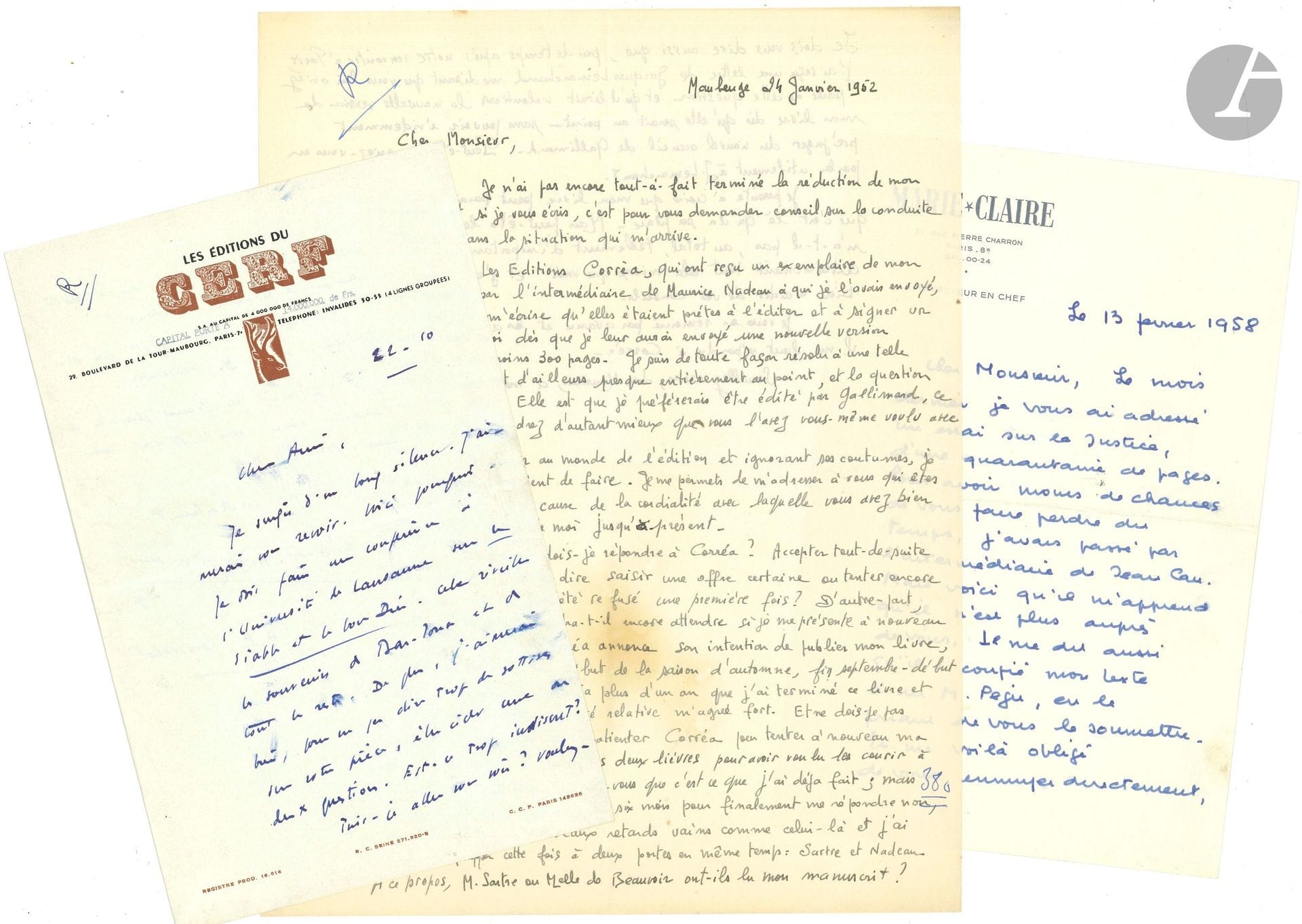 [Jean-Paul SARTRE]. 10 lettres (la plupart L.A.S.) adressées à Sartre, 1951-1956.

Révérend Père Pierre Boisselot (en-tête des Éditions du Cerf, pour une conférence sur Le Diable et le bon Dieu), Jean-Marie Caplain (longue lettre sur la publication de son premier roman, Le Conquérant), Marcel Haedrich (à propos d’un essai sur la justice), Georges Le Sidaner (sous-préfet d’Oran, sur les attaques et calomnies contre lui après son soutien à Sartre), Robert Mallet (2, sur la création chez Gallimard de la collection «la Bibliothèque Idéale» dont un volume serait consacré à Sartre; et sur l’interview donnée à son micro sur Nekrassov), Louis Martin-Chauffier (pour une action en faveur du poète turc Nazim Hikmet), Gaëtan Picon (disant son admiration),
Anna Seghers (comme présidente de l’Union des écrivains allemands, invitant Sartre à leur congrès), Louis de Villefosse (désapprouvant un entrefilet hostile des Lettres Françaises).