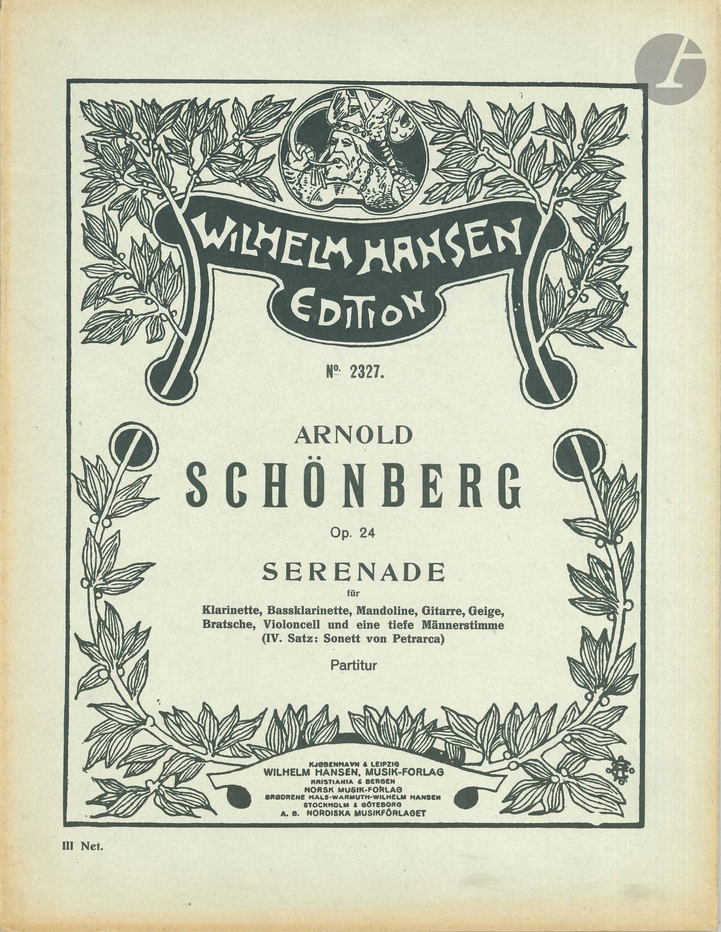 Arnold SCHÖNBERG (1874–1951). Serenade, Op. 24 (Copenhagen &amp; Leipzig, Wilhelm Hansen, 1924); folio, 63 pp., paperback.

First edition, orchestral score, in mint condition.