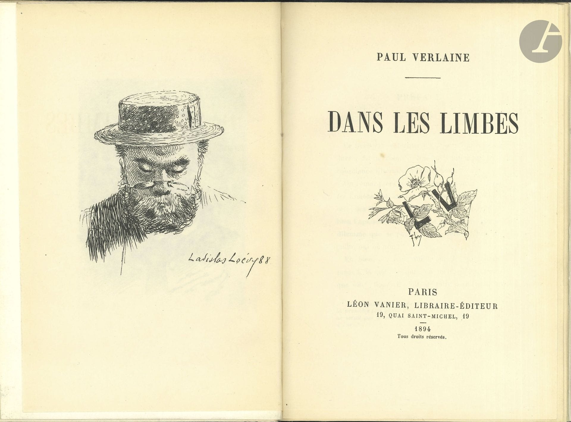 Paul VERLAINE. Autograph poem signed “Voilà bien le déjà quantième”..., January 1, 1893; 1 page, large 8vo, on administrative paper from the Assistance publique; mounted on a tab in a copy of *Dans les limbes* (Paris, Léon Vanier, 1894); small 8vo, Bradel binding in midnight blue percaline (E. Carayon).

A clean copy of a poem from *Dans les limbes*; the manuscript, in brown ink, signed and dated January 1, 1893, was numbered IV, corrected to VIII in red pencil; the poem is indeed the 8th piece in the collection; it consists of 20 lines.
“This is indeed the umpteenth day of the year
That you see me here: the first was in ***.
Ah! My love is already more than five years old; […]
The voice fades away, but the memory remains”...
This manuscript offers a variant of the tenth line: “Still, days forever and sweet loves” (in the printed edition: “And days and days and sweet loves”).
It appears at the beginning of the original edition of *Dans les limbes* (Paris, Léon Vanier, 1894), one of 20 copies on Imperial Japanese paper (no. 14, initialed by Léon Vanier), untrimmed, with a cover. In addition to the frontispiece portrait of Ladislas Loévy, dated [18]88, a portrait of Verlaine by F.-A. Cazals, printed on Whatman paper, has been bound at the beginning.
Provenance: Henry Bradley Martin (bookplate, catalog [Part IV]: Highly Important French Literature, Monaco auction, October 16, 1989, lot 1278). – Édouard-Henri Fischer (bookplate, Verlaine, Rimbaud, Mallarmé, “The Literary Collection of Édouard-Henri Fischer,” Christie’s Paris, November 4, 2014, lot 126).