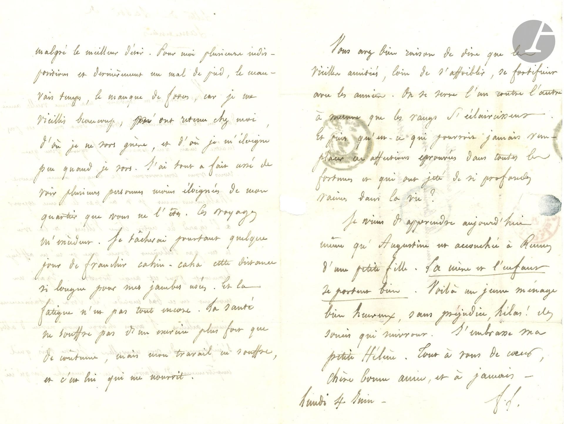 Félicité de LAMENNAIS (1782–1854). Autograph letter, Monday, June 4, [1838], to Mlle Cornullier de Lucinière; 3 pages, in-8 format, with address.

He received her letter, full of sadness, and mentions “our dear Villiers,” who is not expected to live much longer. He is aging considerably, no longer goes out much, and rarely ventures far from home: “I have completely stopped seeing several people who live closer to my neighborhood than you do. Traveling is too much for me […] My health can withstand more strenuous activity, but my work suffers as a result—and it is my work that sustains me.” Old friendships grow stronger with the years: “We draw closer to one another as the ranks thin out”… He ends on a positive note by announcing the birth of a child in Rennes to Augustine’s young family.