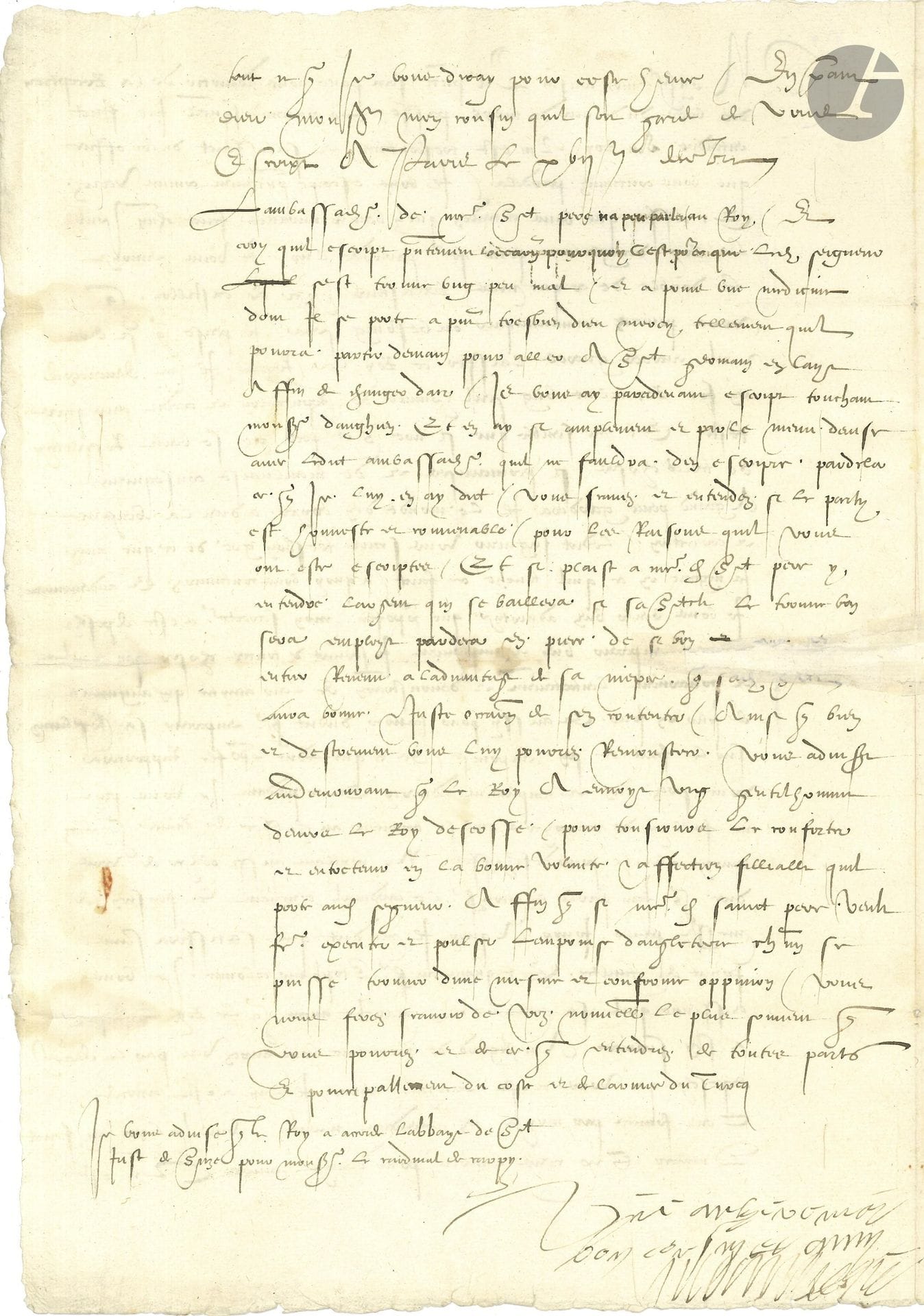 Anne de MONTMORENCY (1493-1567) connétable de France. L.S. avec compliment autographe «Vre antyerement bon cousin et amy Montmorency», Paris 16 décembre 1538, à Louis Adhémar de Grignan, chambellan et ambassadeur près du Pape [Paul III]; 2pages in-fol., adresse (petite déchirure réparée).

Importante lettre au sujet des réformes religieuses de Henry VIII et du schisme d’Angleterre, et sur le rapprochement de François Ier et Charles Quint.
François Ier est très satisfait des bons offices de Grignan, à qui le connétable écrit «affin que vous entendez quelz beaux miracles faict chacun jour le Roy d’Angleterre pour faire parler de luy. Je vous envoye le double de ce que nous receusmes hyer de Castillon que vous pourrez communicquer ou besoing sera. Je pense que si Dieu veult encores gueres laisser ce Roy la regner, il ne demeurera en son Royaulme ung seul homme de reputacion et credit avecques teste. Et me semble que si nostre Sainct pere ne se veult ressentyr de telles choses si pernicieuses et de maulvaise consequence a grand peine gardera il le monde d’en cryer a Dieu la vengence et correction». François Ier saura très bon gré à Grignan de ce qu’il a déjà négocié sur ce fait, «a quoy vous continuerez».
 Montmorency avertit ensuite Grignan qu’il vient de dépêcher son secrétaire Christofle vers l’Empereur Charles Quint pour «lentretenement et demonstracion de leur amytié qui augmente de jour en jour, et aussy pour scavoir dudict Seigneur empereur sa resolucion sur le faict de son emprinst»… Puis il parle de Stephano Colonna («Je vous asseure quil se mettra a bon marche avant que le Roy le repreigne a son service»), de Monluc à qui on a accordé «cent francs par moys en attendant mieulx»…
Le Roi n’a pu recevoir l’ambassadeur du Pape, s’étant trouvé «ung peu mal, et a prins une medecine dont il se porte a present tresbien»; il va partir pour Saint-Germain en Laye «affin de changer dair»… Puis Montmorency rapporte que «le Roy a envoyé ung gentilhomme devers le Roy d’Escosse [Jacques V Stuart, son gendre], pour tousjours le conforter et entretenir en la bonne volunte et affection fillialle quil porte aud. seigneur, affin que si nostre dict sainct pere veult faire executer et poulser lemprinse d’Angleterre chacun se puisse trouver dune mesme et conforme oppinion»… Enfin il recommande à Grignan de lui rapporter tout ce qu’il peut entendre «de toutes parts et principallement du coste et de larmee du Turcq»…