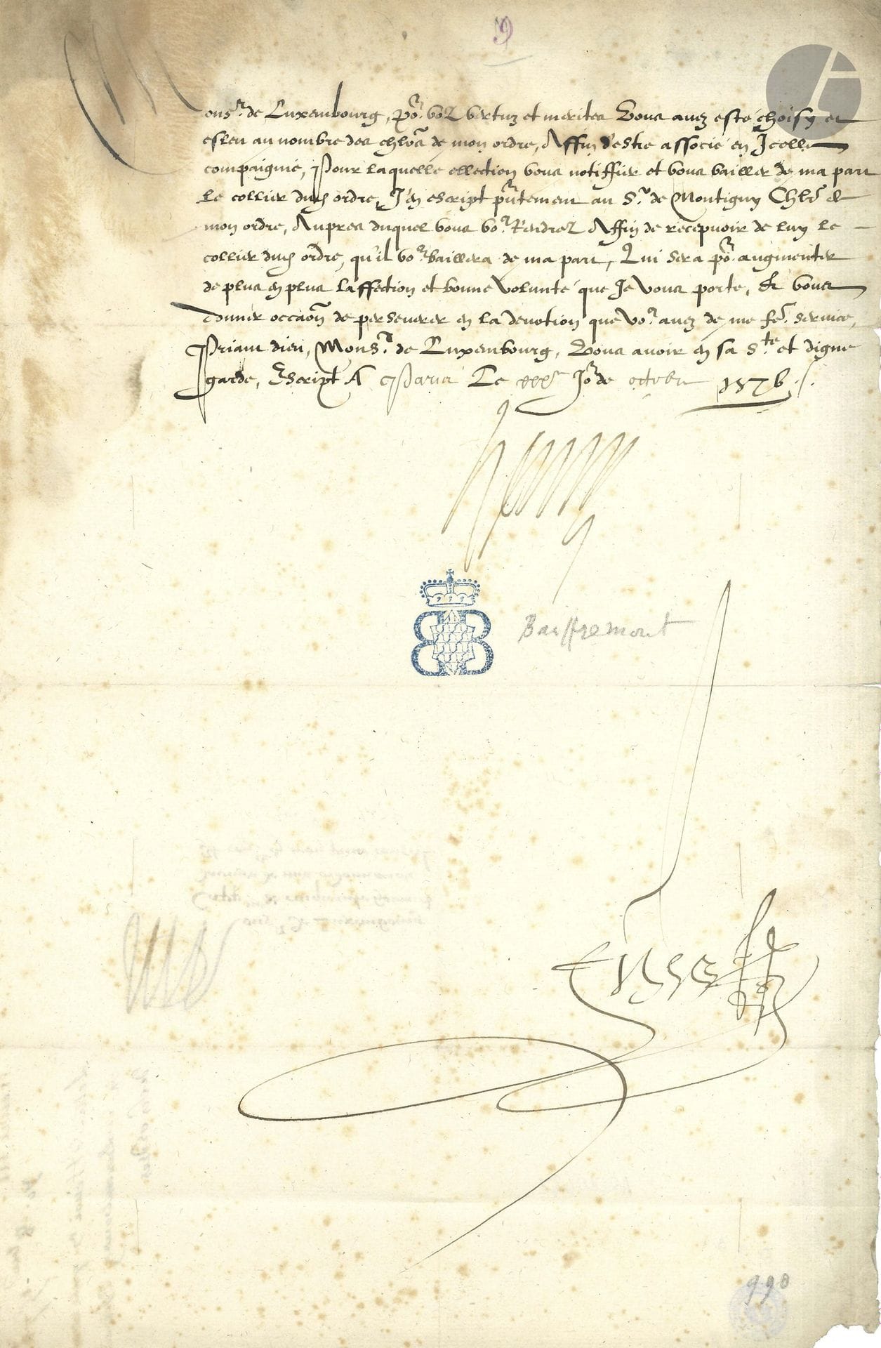 HENRY III (1551–1589). L.S., Paris, October 30, 1576, to Jean de Luxembourg (1537–1576, Count of Brienne and Ligny), “Captain of fifty men-at-arms under my command and member of my private council”; countersigned by Secretary of State Simon Fizes; half-page folio, address on the reverse (water stain on one corner; ink seal bearing the crowned coat of arms of the Bauffremont family).

“For your virtues and merits, you have been chosen and elected to the ranks of the knights of my order. In order to be admitted into this company, and to notify you of this election and present you, on my behalf, with the collar of the said order,” Luxembourg is to go to the S. de Montigny, who will present him with the collar…