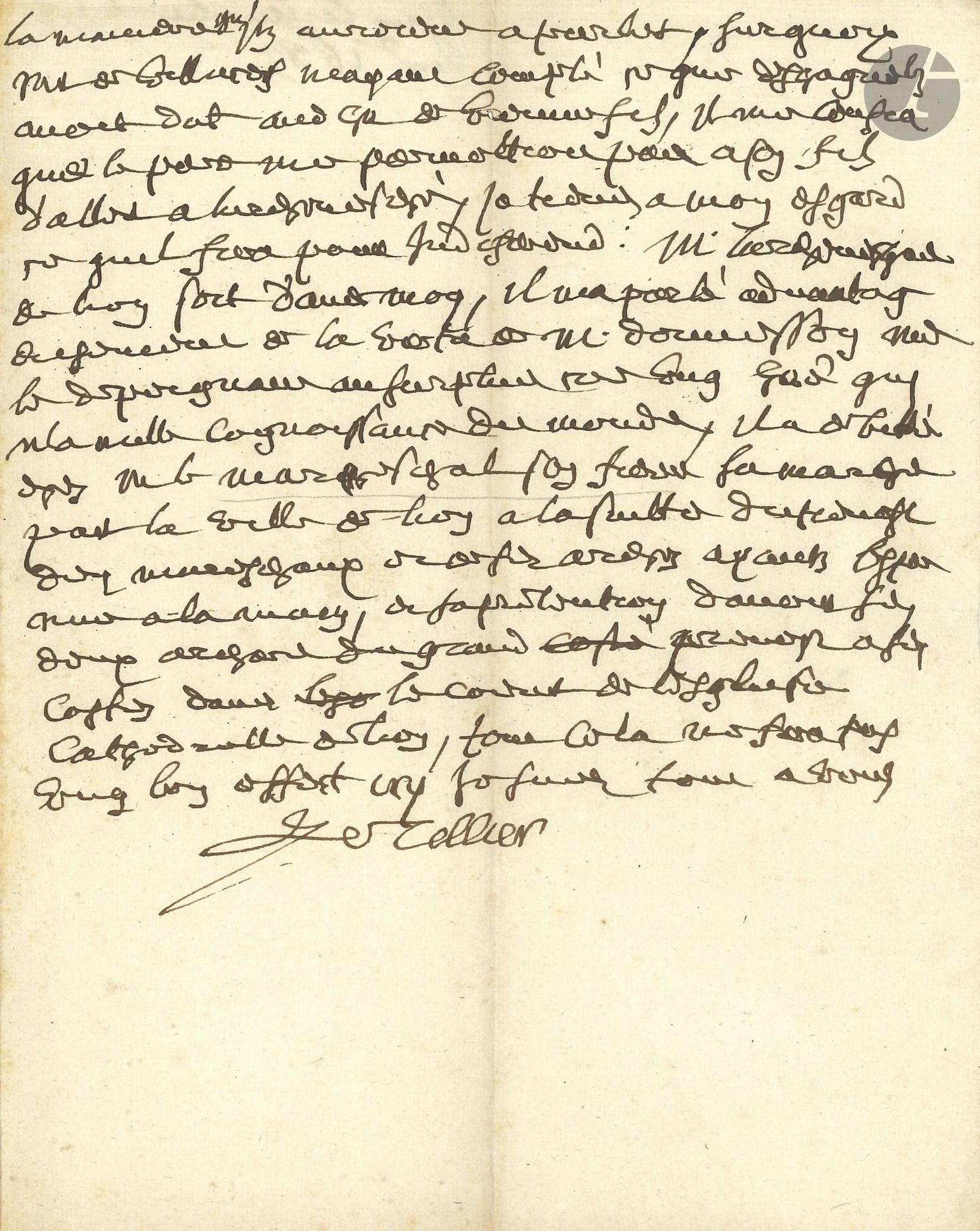 Michel LE TELLIER (1603-1685) chancelier de France. L.A.S., Versailles 14 [janvier] 1683; 2pages in-4. 

Au sujet des affaires de M. de Mailly, dont le président de Maupeou a informé son correspondant. Il est ensuite question de M. de Villaret et de son fils, du discours que doit faire l’archevêque de Paris «sur laffaire des cinq abbayes […] S.M. voulloit quil parla debout et couvert»… Etc.