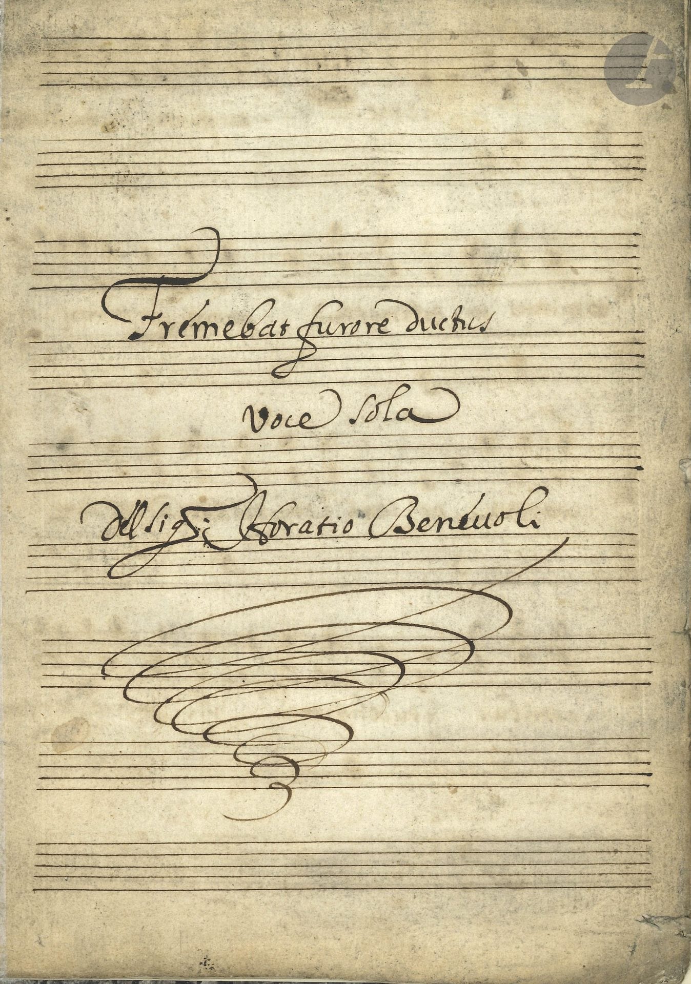 Orazio BENEVOLI (1605-1670). Manuscrit musical, Fremebat furore ductus, voce sola del Sig. Horatio Benevoli; titre et 19 pages in-4 (23,5x16,5cm), cartonnage moderne (petite bande de papier collée à la 3e page).

Cantate pour voix et accompagnement de basse chiffrée. La voix est notée en clé d’ut; le continuo, en basse chiffrée, est en clé de fa.
«Fremebat furore ductus Maximinus in ostinata nimis Catherine constantia»… Il s’agit de la colère de l’empereur Maximinus face à la constance inébranlable de sainte Catherine d’Alexandrie.
Cette composition n’est pas recensée dans le RISM, et semble inédite.
Le Romain Orazio Benevoli s’est consacré à la musique sacrée, et a laissé une dizaine de messes pour de nombreuses voix.