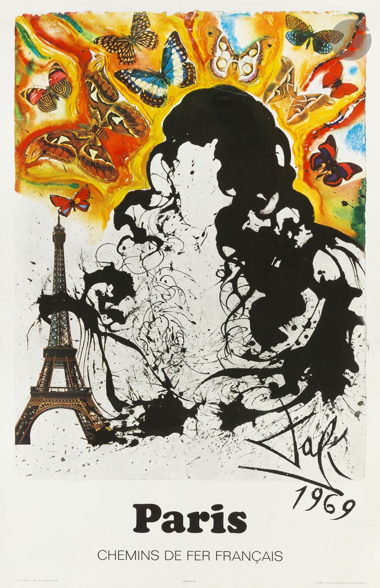 Salvador DALI (1904-1989)
Chemins de fer français, Paris, 1969
Chromolithographie. Entoilée. 
Imp. Draeger, Paris. 
Signée et datée en bas à droite. 
Bon état. 
103 x 69 cm

Bibliographie :
Weill Alain. L’invitation au voyage, l’affiche de Tourisme dans le monde. Somology, 1994, p. 172.