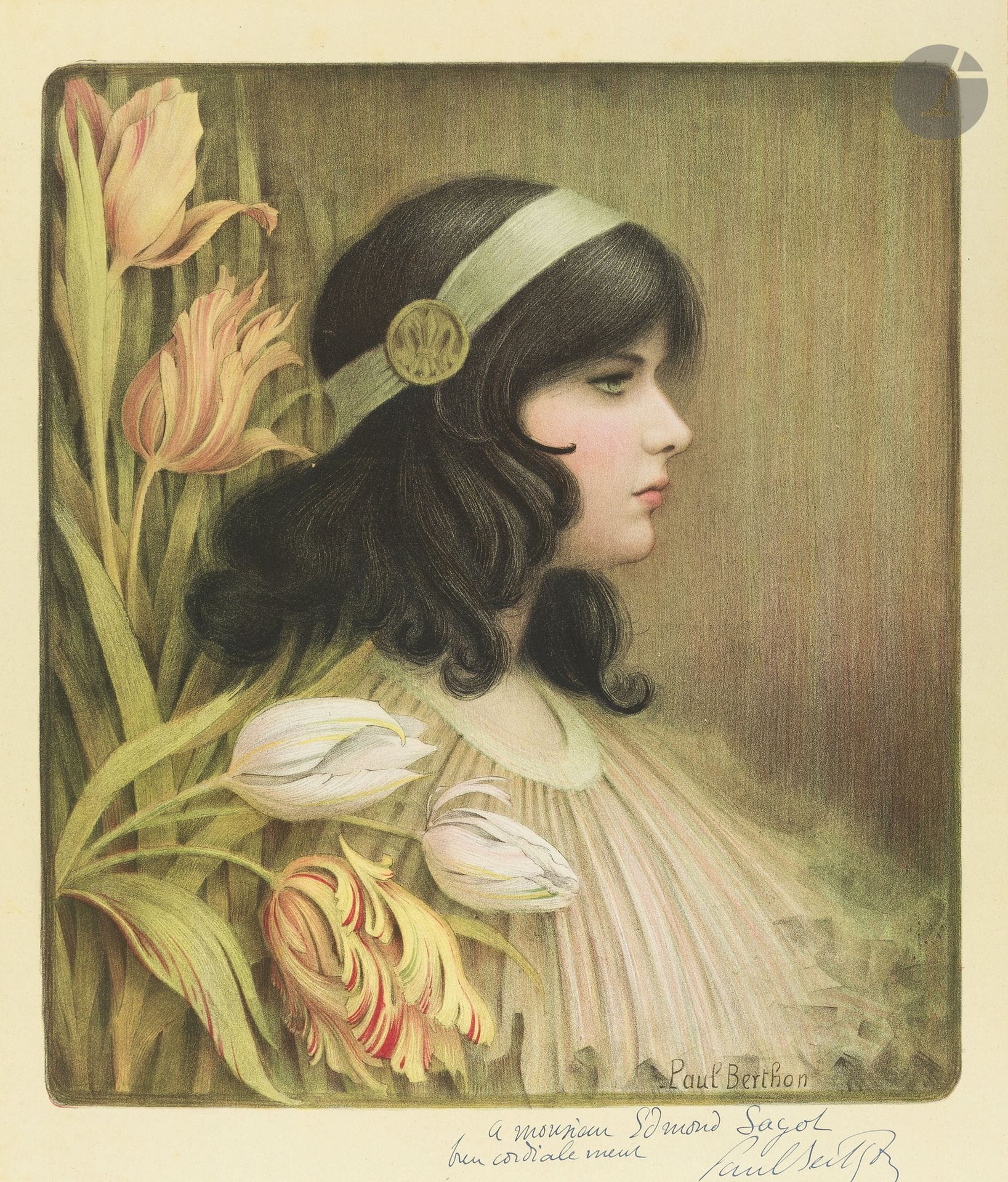 Paul BERTHON (1872-1909)
Femme aux fleurs
Chromolithographie. Non entoilée.
Sans imp.
Signée en bas à droite.
Dédicacée à Monsieur Edmond Sagot
Bon état.
65 x 50 cm
