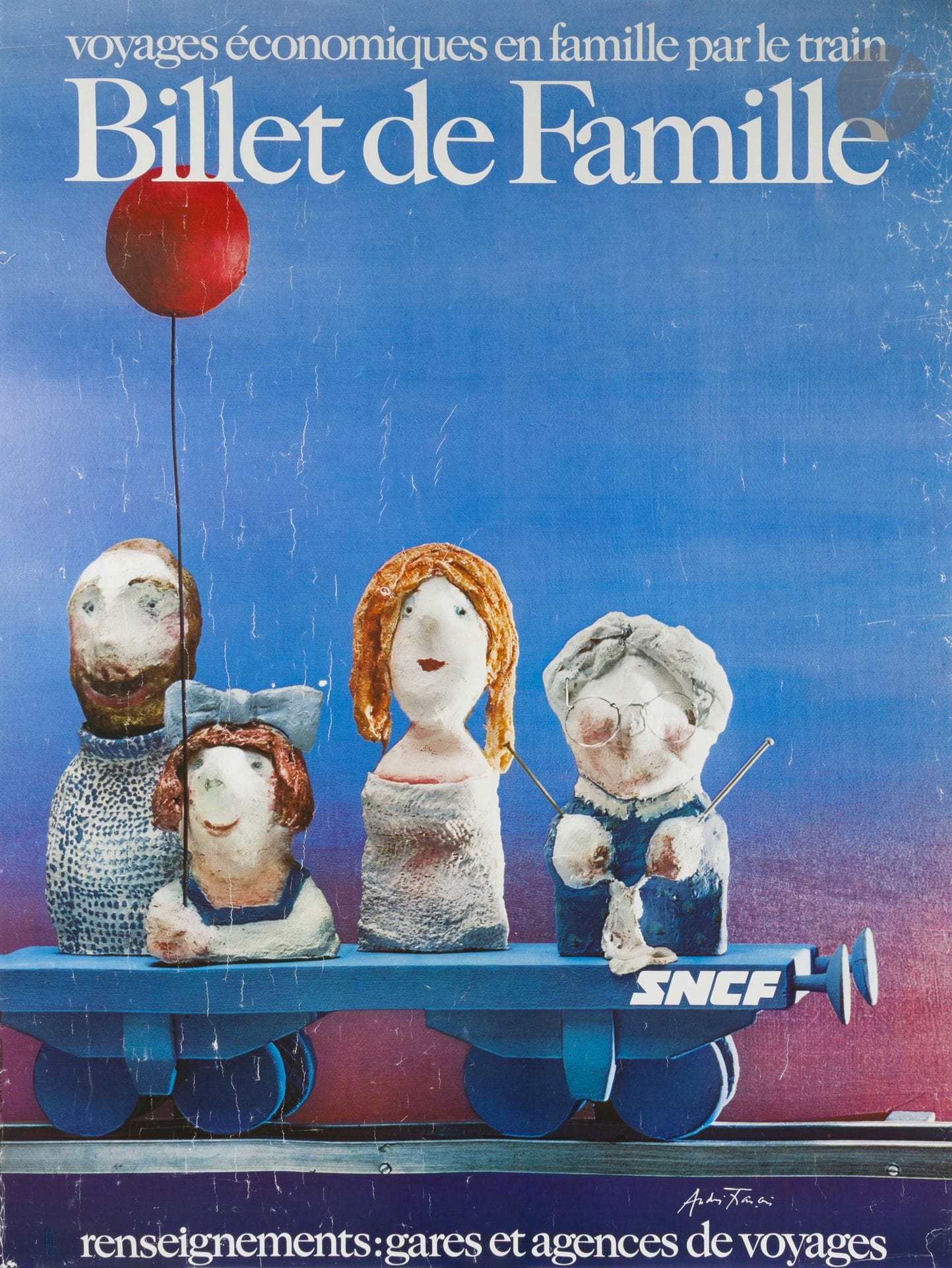 André FRANÇOIS (1915-2005)
SNCF, billet de famille, 1975
Chromolithographie. Entoilée. 
Imp. Dufournet.
Signée en bas à droite. 
Bon état, petits plis épars. 
163 x 125,5 cm

Bibliographie :
Bibliothèque Forney. André François, affiches et graphisme.Mairie de Paris, 2009, n°62, p. 151.