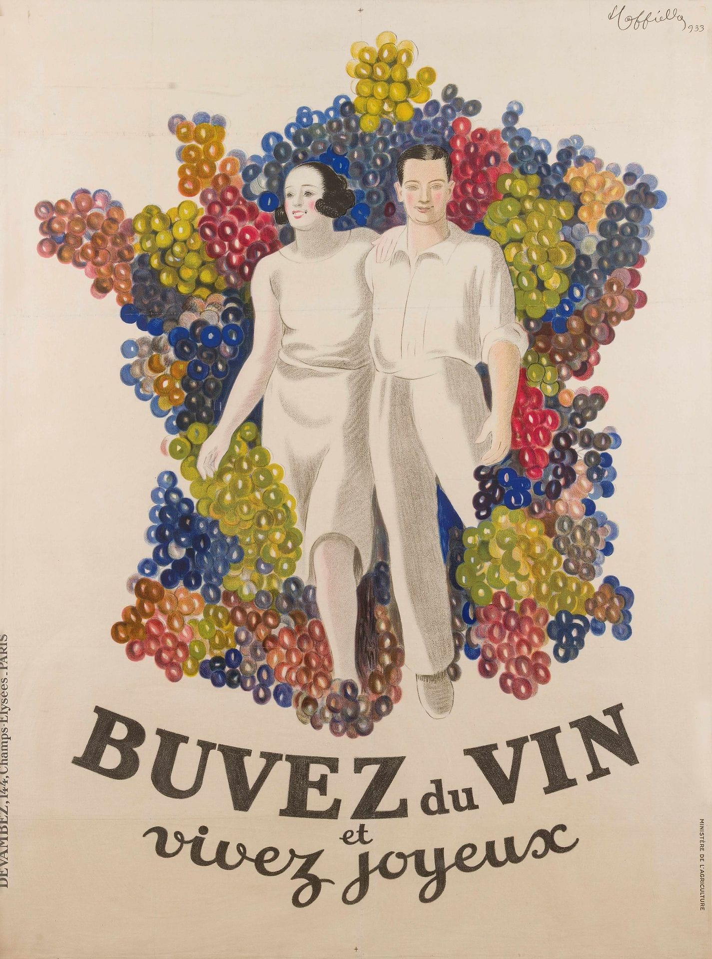 Leonetto CAPPIELLO (1875-1942)
Buvez du vin et vivez joyeux, 1933
Chromolithographie. Entoilée, montée sur châssis et encadrée.
Imp. Devambez, Paris.
Signée et datée en haut à droite.
155 x 117 cm