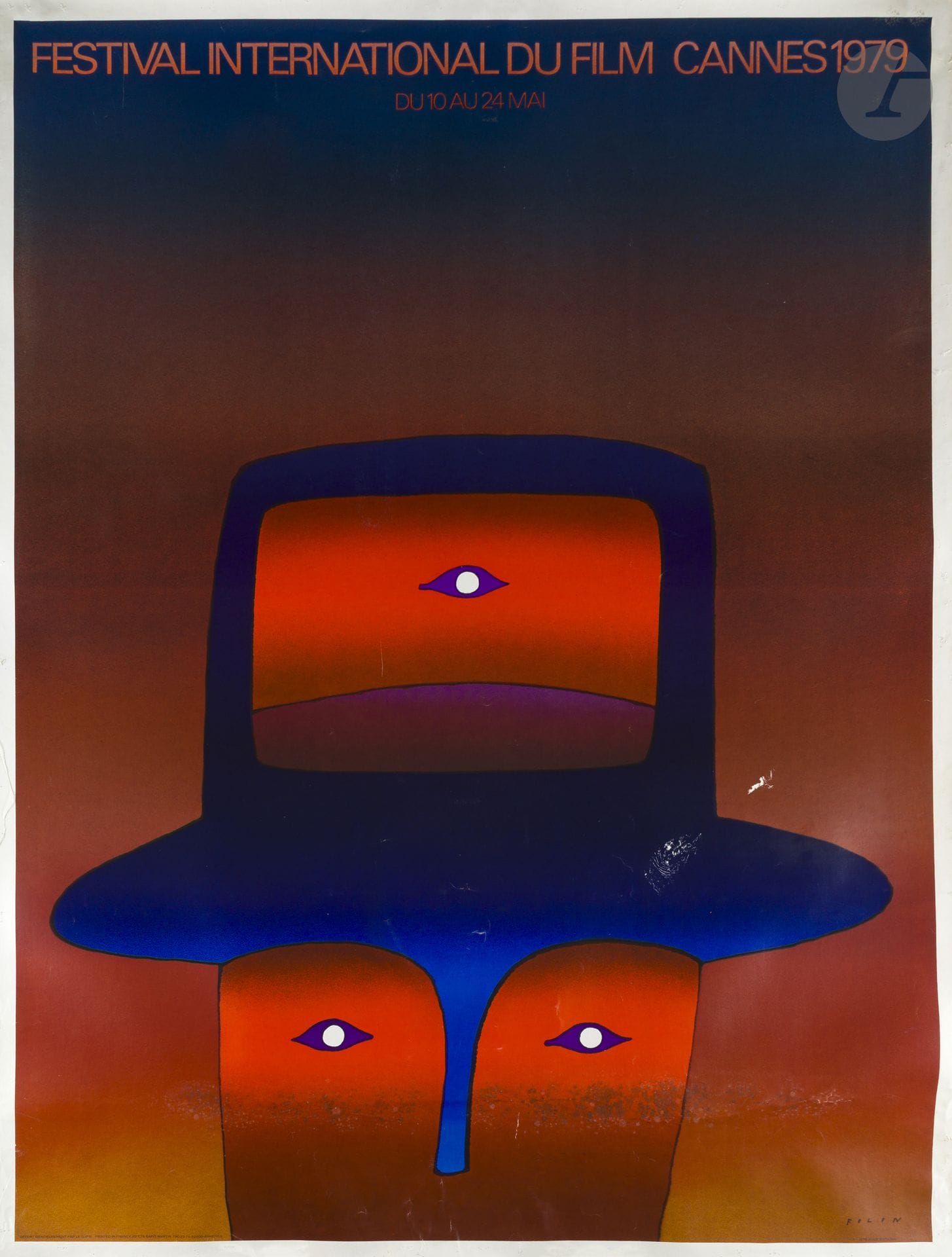 Jean-Michel FOLON (1934–2005)
Cannes International Film Festival, May 10–24, 1979
Chromolithograph. Mounted on canvas.
Printed by Ets Saint-Martin, Asnières.
Signed lower right.
In fairly good condition, with signs of moisture on the lower portion.
160 x 121 cm

Bibliography:
Weill, Alain; Scheerlinck, Karl. Jean-Michel Folon, les affiches. Les Cahiers Dessinés, 2020, p. 148.