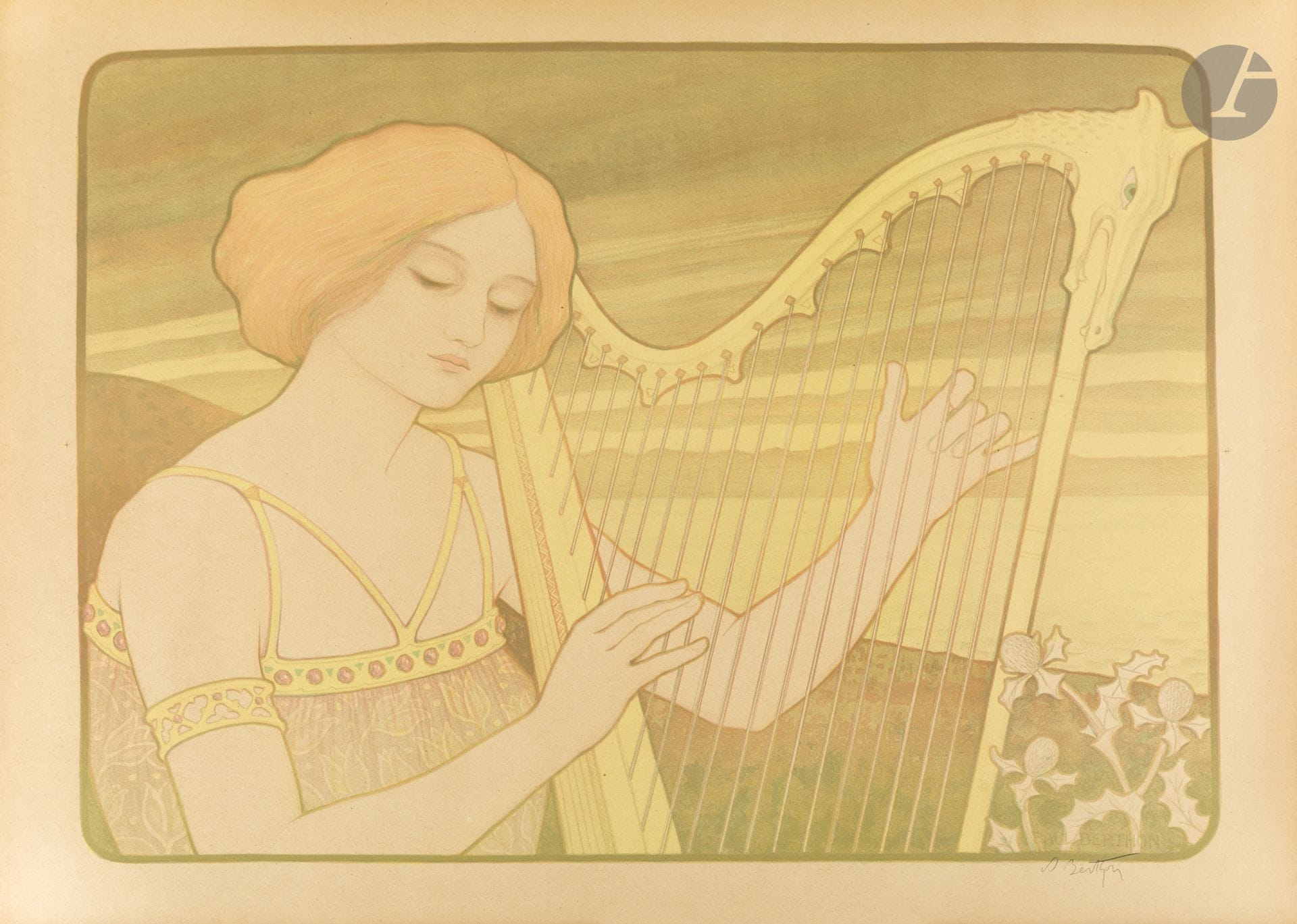 Paul BERTHON (1872-1909)
La Femme à la harpe, 1899
Chromolithographie. Non entoilée.
Imp. Chaix, 20 rue Bergère, Paris.
Signée en bas à droite.
Contresignée à la main dans la marge en bas à droite.
Bon état, infimes défauts dans les marges.
50 x 65 cm

Bibliographie :
Victor Arwas. Berthon & Grasset.Éditions Academy Denoël, 1978, n°27.