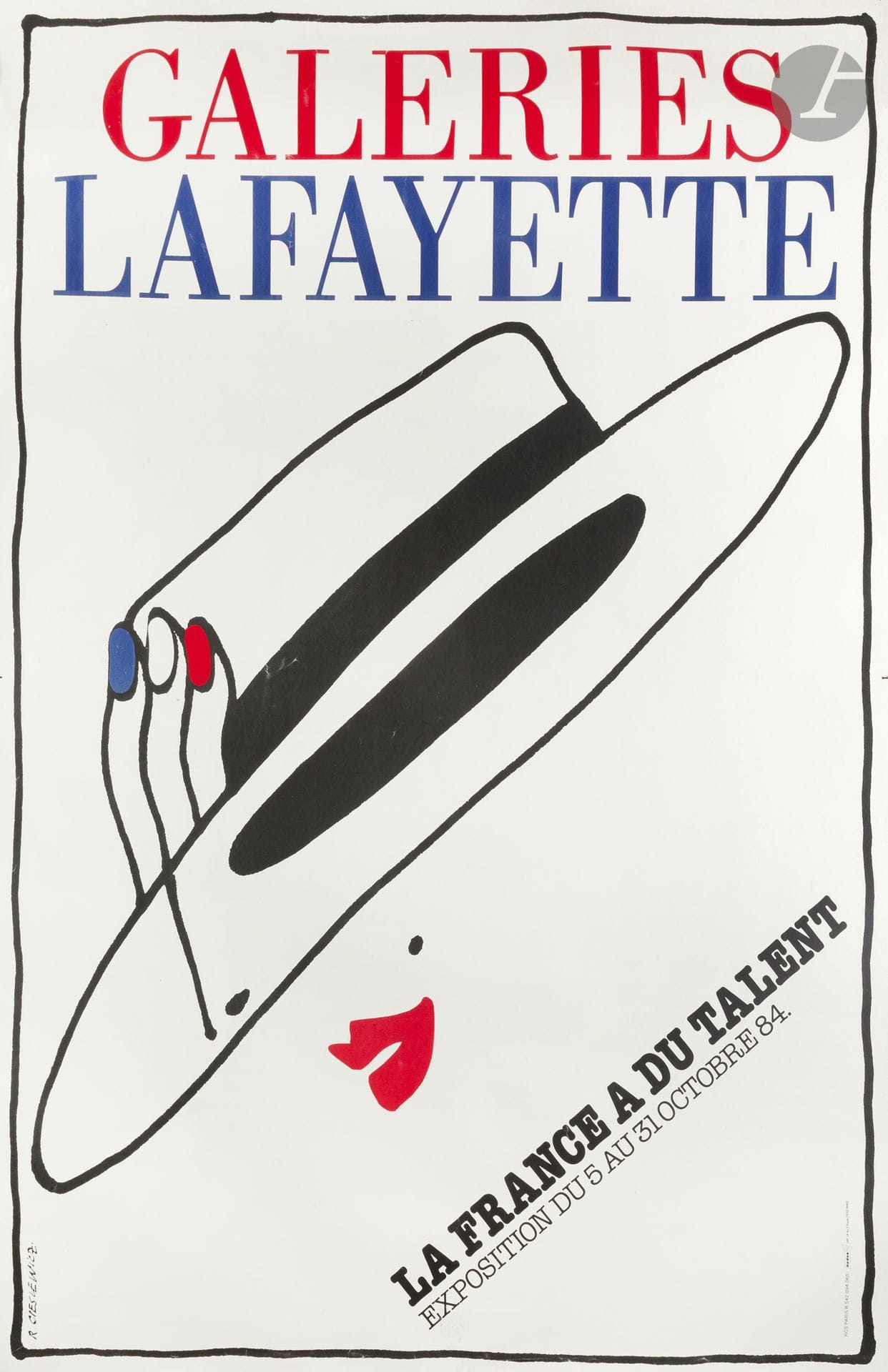 Roman CIESLEWICZ (1930–1996)
Galeries Lafayette, “France Has Talent,” October 5–13, 1984
Chromolithograph. Mounted on canvas. 
Printed by Bedos, 2 Av. F. Faure, Paris. 
Signed lower left. 
Good condition. 
181 x 127 cm