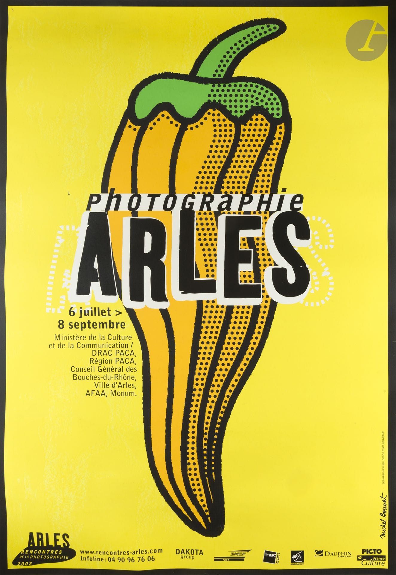 Michel BOUVET (born in 1955)
Photographie Arles, July 6–September 8, 2002
Chromolithograph. Mounted on canvas. 
Printed by Publidecor, Louverné.
Signed lower right.
Good condition. 
186 x 133 cm

Bibliography:
Alain Weill, Diego Zaccaria, Philippe Di Folco, Manon Lenoir. Michel Bouvet, Posters, Sketches, and Other Journeys. Éditions Textuel, 2004, p. 129.