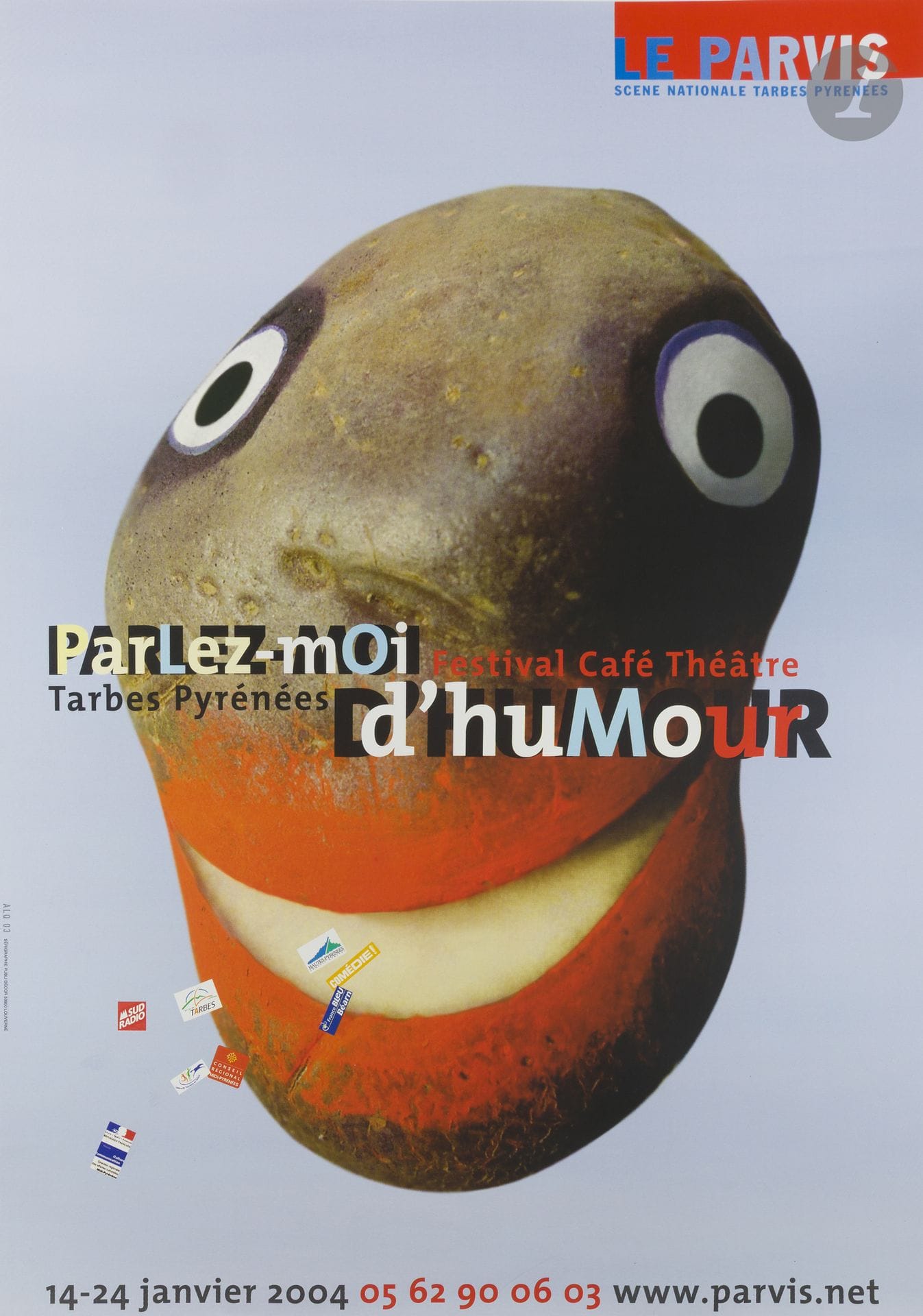 Alain LE QUERNEC (né en 1944)
Parlez-moi d’humour, théâtre le Parvis, du 14 au 24 janvier 2004
Chromolithographie. Entoilée. 
Imp. Publidecor, Louverne.
Bon état. 
130 x 94 cm

Ouvrage de référence :
Musée Départemental Breton. Alain Le Quernec, affiches, Éditions du musée, 1987.