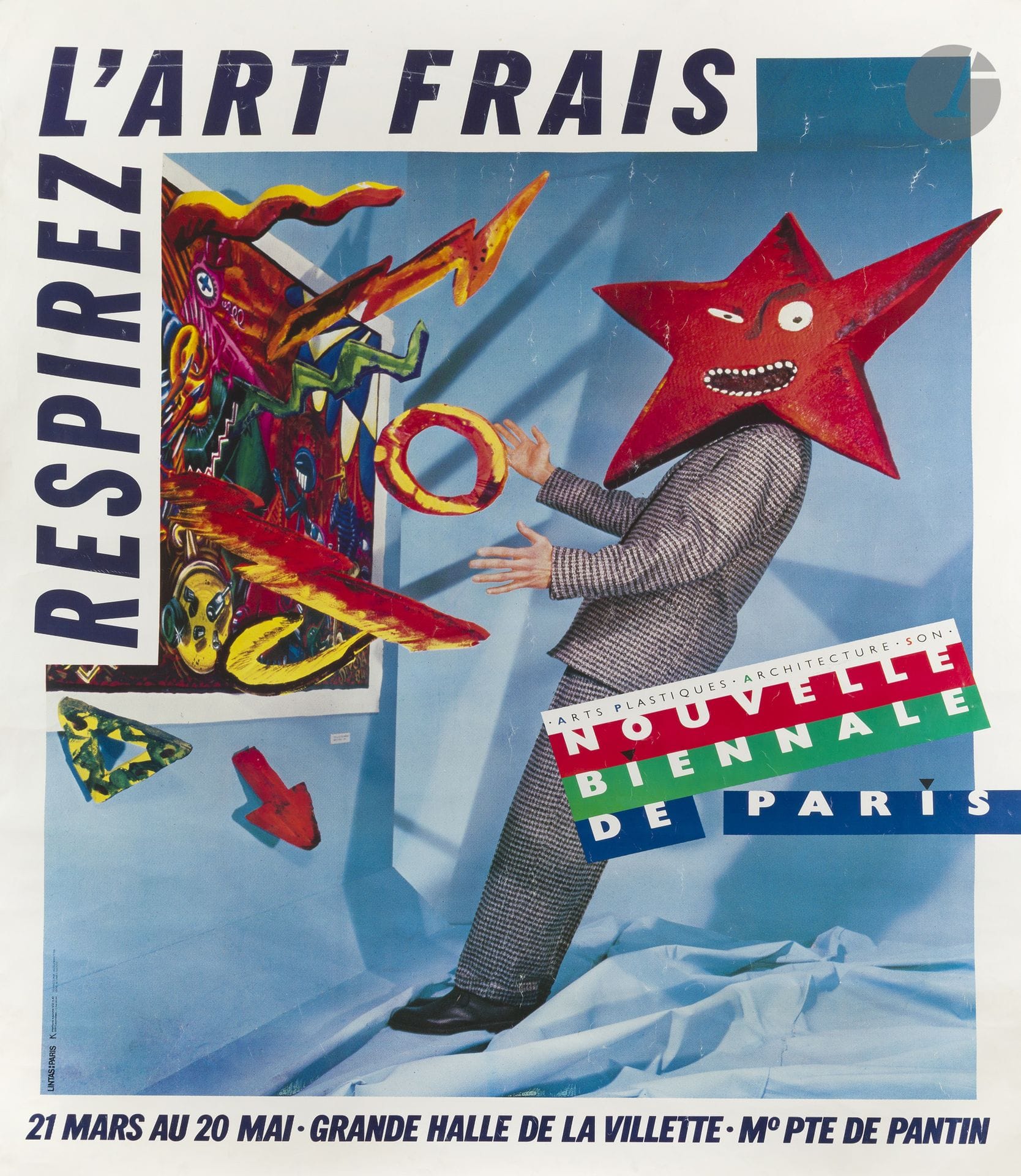 Herve DI ROSA (né en 1959)
Respirez l’art frais, nouvelle biennale de Paris, du 21 mars au 20 mai 1985
Chromolithographie. Entoilée. 
Sans imp.
Non signée.
Bon état, petits plis épars.
162 x 123 cm

Ouvrage de référence :
Seisser Jean. Hervé Di Rosa graphic.Fage, 2012.
