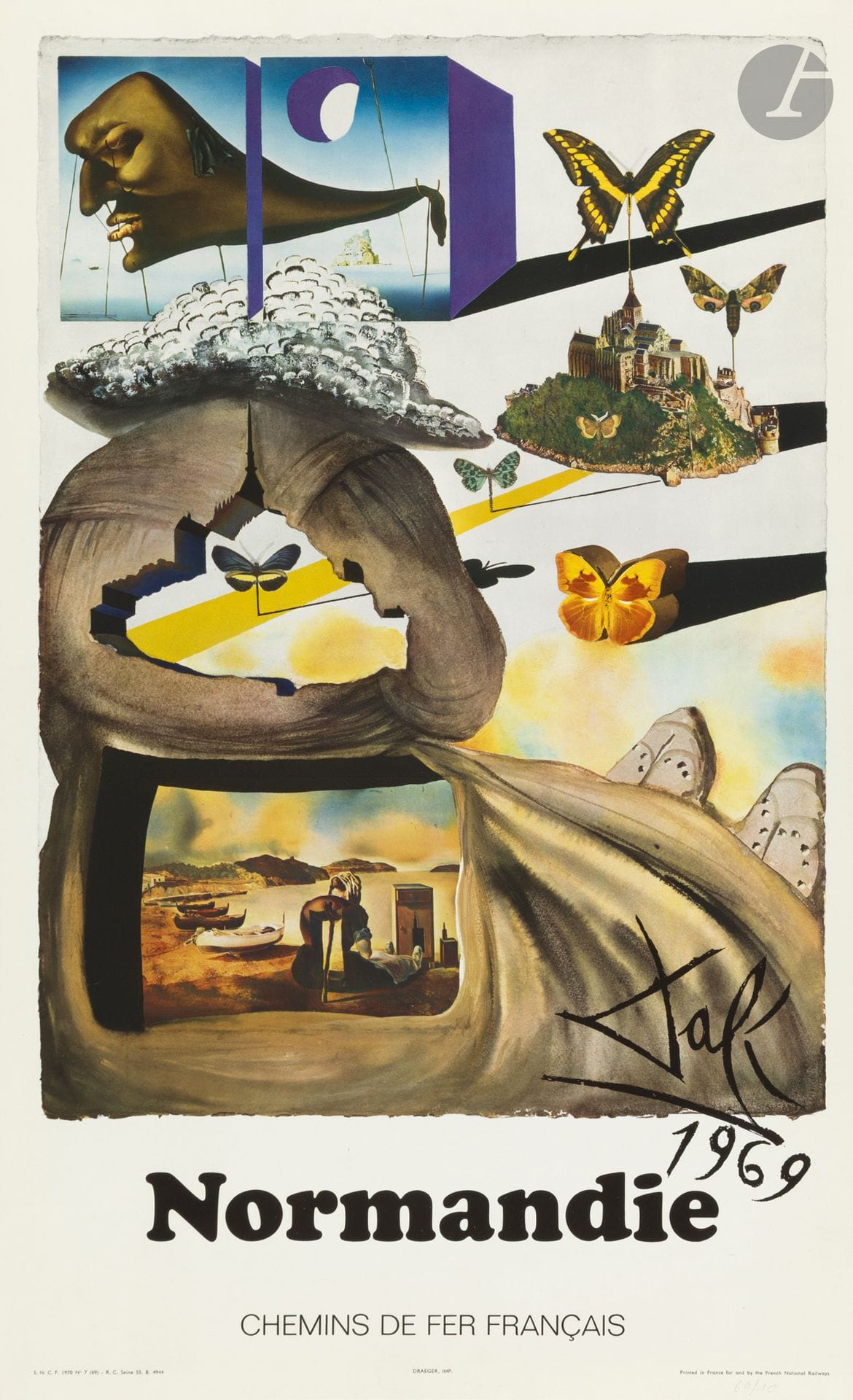 Salvador DALI (1904-1989)
Chemins de fer français – Normandie, Alpes, Alsace, 1969
3 offsets. Entoilée. 
Imp. French National Railwails. 
Signées et datées en bas à droite.
Très bon état.
66 x 43 cm

Bibliographie :
Weill Alain. L’invitation au voyage, l’affiche de Tourisme dans le monde. Somology, 1994, p. 172.