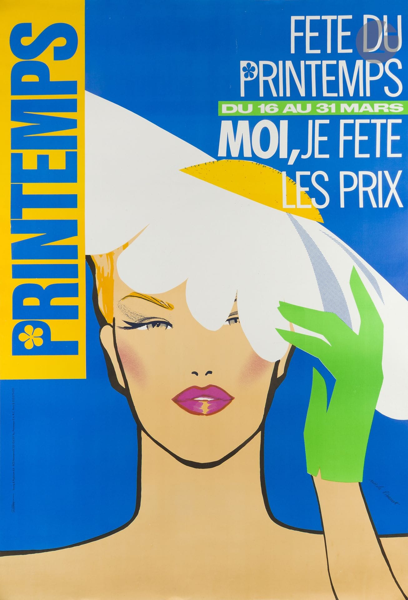 Nicole PIBEAUT (20th–21st century)
Spring Festival, March 16–31, 1984
Chromolithograph. Mounted on canvas.
Printed by La Lithotype, Roquevaire.
Signed lower right.
Good condition.
178 x 123 cm

Bibliography:
Alain Weill. *Printemps, les plus belles affiches*. Éditions du Chêne, unpaginated.