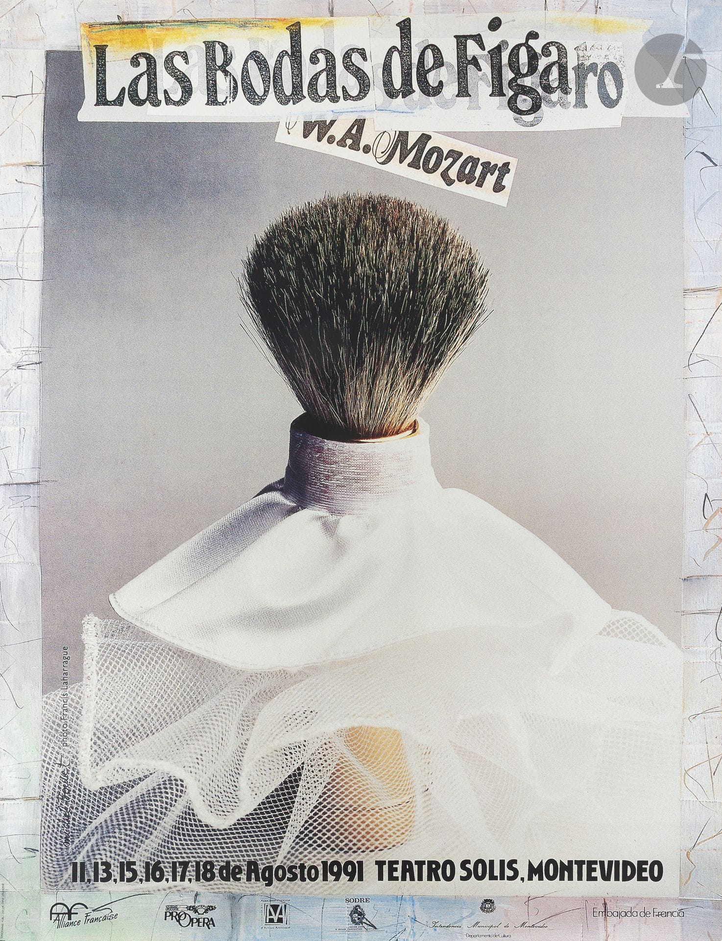 Michel BOUVET (né en 1955) – Francis LAHARRAGUE (né en 1964)
Las Bodas de Figa (Les Noces de Figaro), Teatro Solis, Montevideo, 1991
Chromolithographie. Entoilée. 
Sans imp. 
Signée en bas à gauche. 
Bon état. 
160 x 123 cm

Bibliographie :
Alain Weill, Diego Zaccaria, Philippe Di Folco, Manon Lenoir.Michel Bouvet, affiches, esquisses et autres voyages. Éditions Textuel, 2004, p.77.