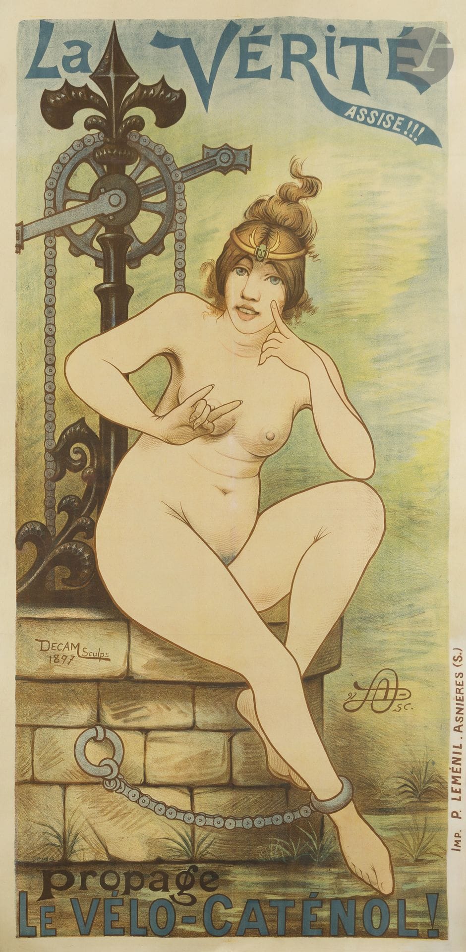DECAM
Le vélo Caténol, 1897
Imp. P. Leménil, Asnières.
Signée et datée en bas à gauche. Contresignée et datée en bas à droite.
Très bon état.
169 x 85 cm

Bibliographie :
Henri Veyrier. 100 ans d’Affiches du Cycle. Éditions Jack Rennert, 1974, p. 53.