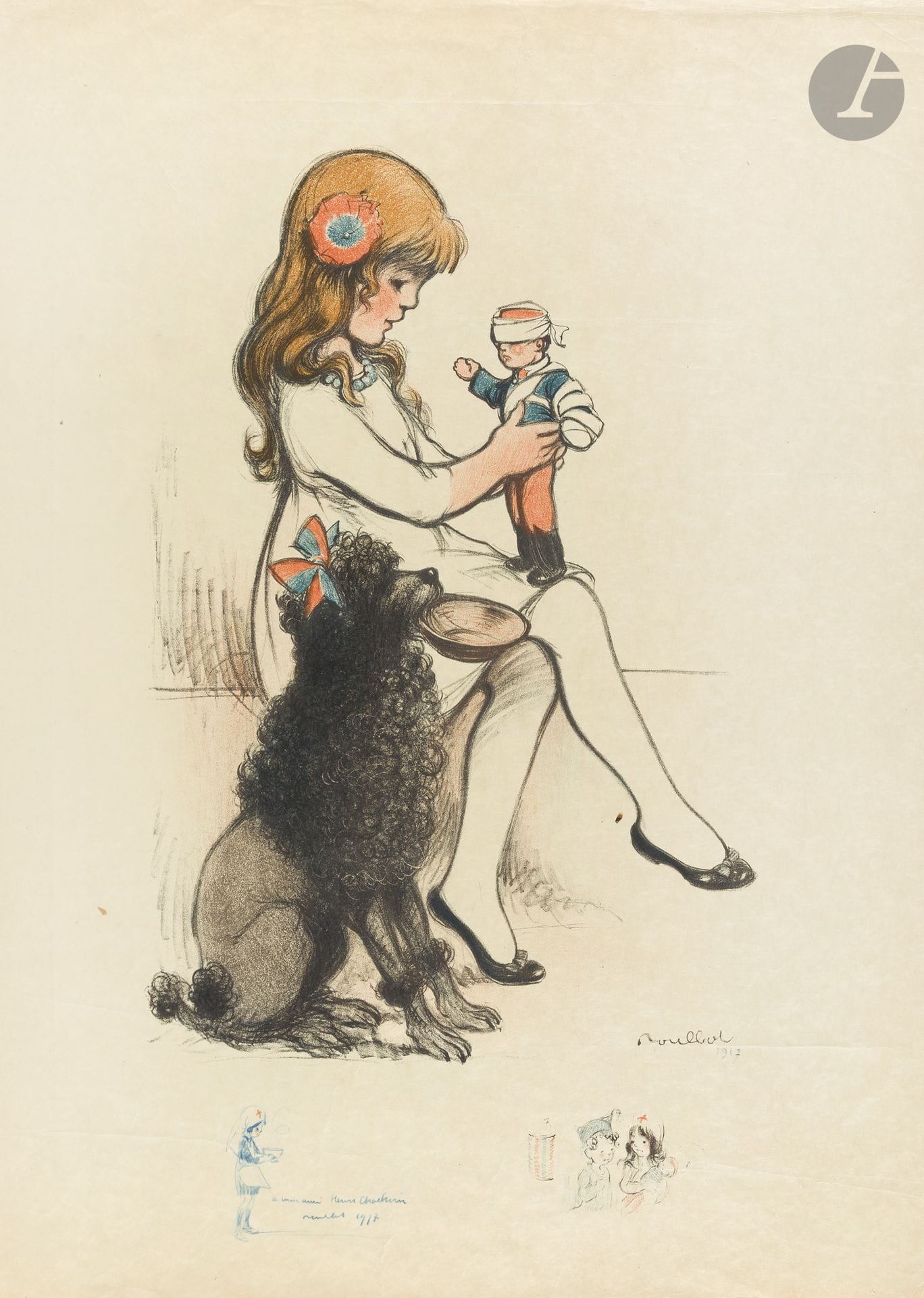 Francisque POULBOT (1879–1946)
Paris Fundraiser for City Hall’s War Relief Efforts, July 14, 1917
Avant la lettre.
Chromolithograph. Unmounted.
No imprint.
Signed lower right.
Good condition.
65 x 49.5 cm

Accompanied by two drawings in the artist’s own hand and a dedication to the printer Henri Chachoin, dated 1917.

Bibliography:
Rémy Paillard. *Affiche 14-18*. Author’s edition, 1986, no. 339, p. 275.