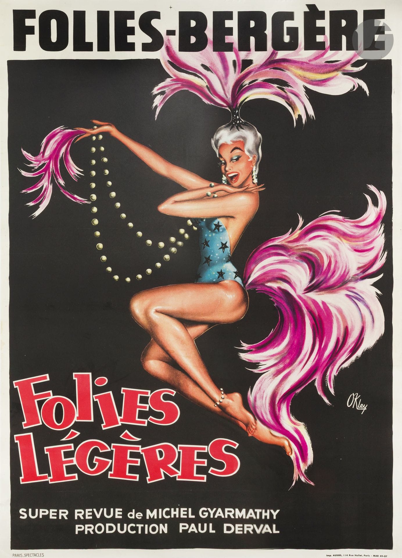 Pierre OKLEY (1929-2007) 
Folies-Bergère, Folies légères, 1949
2 Chromolithographies. Entoilées.
Imp. Aussel, 114 rue Nollet, Paris. 
Signée en bas à droite. 
Très bon état. 
145,5 x 102 cm – 155 x 117 cm