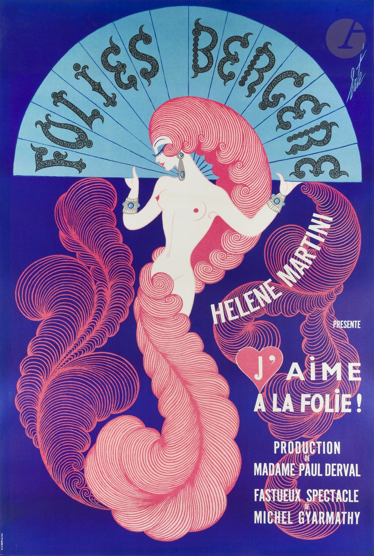Romain DE TIRTOFF dit ERTÉ (1892-1990)
Folies Bergère, J’aime à la folie, 1974
Chromolithographie. Entoilée.
Imp. Ets Saint Martin. 
Signée en haut à droite. 
Bon état. 
152 x 105 cm 

Bibliographie :
Weill Alain. 100 ans d’affiches des Music Halls parisiens. Éditions du Chêne, 1977, p. 112.