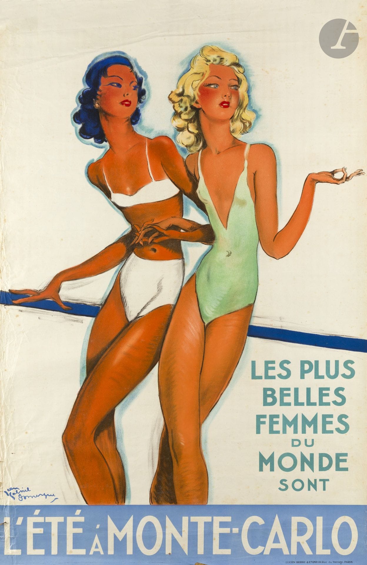 Jean-Gabriel DOMERGUE (1889-1962)
Les Plus belles femmes du monde sont l’été à Monte-Carlo
Chromolithographie. Non entoilée.
Imp. Lucien Serre, Paris.
Signée en bas à droite.
Rousseurs dans l’image, plis et légers manques dans les marges.
119 x 77 cm