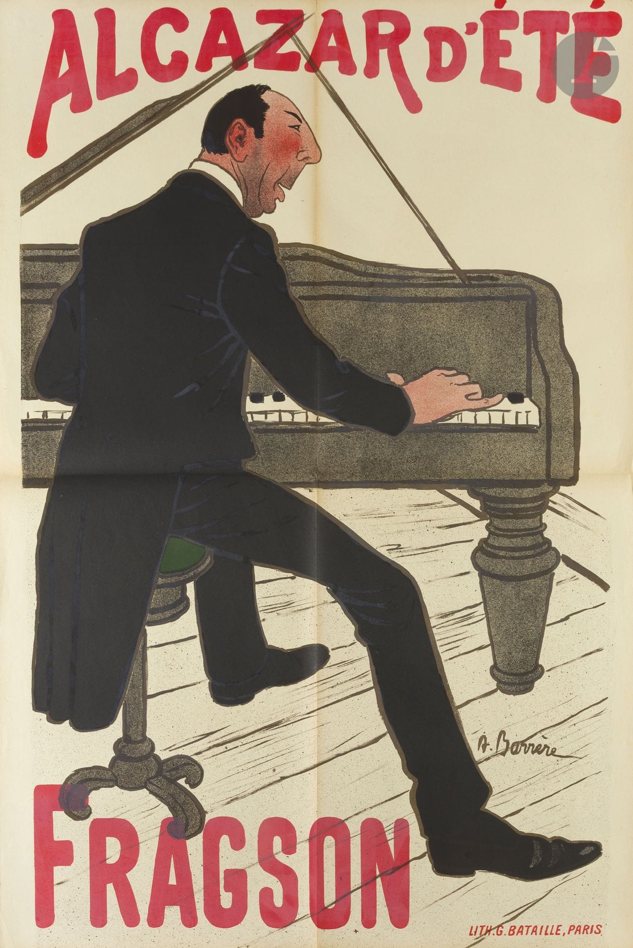 Adrien BARRÈRE (1874-1931)
Alcazar d’été, Fragson, 1905
Chromolithographie. Non entoilée.
Imp. Lith. G. Bataille, Paris.
Signée en bas à droite.
Bon état, plis non marqués.
120 x 80 cm

Bibliographie :
François Caradec, Alain Weill.Le Café-Concert, 1848-1914. Éditions Fayard, 2007, p. 296.
