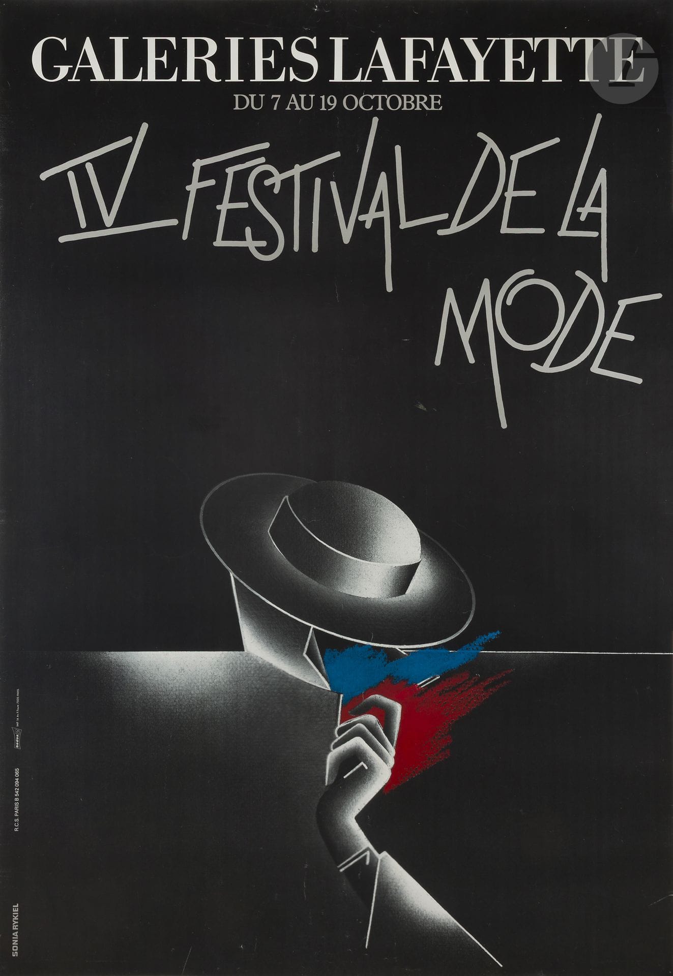 Sonia RYKIEL (1930-2016)
Galeries Lafayette, IV Festival de la Mode, du 7 au 19 octobre 1984
Chromolithographie. Entoilée.
Imp. Bedos 2, 14 Av. F. Faure, Paris.
Signée en bas à gauche.
Bon état.
177 x 124 cm